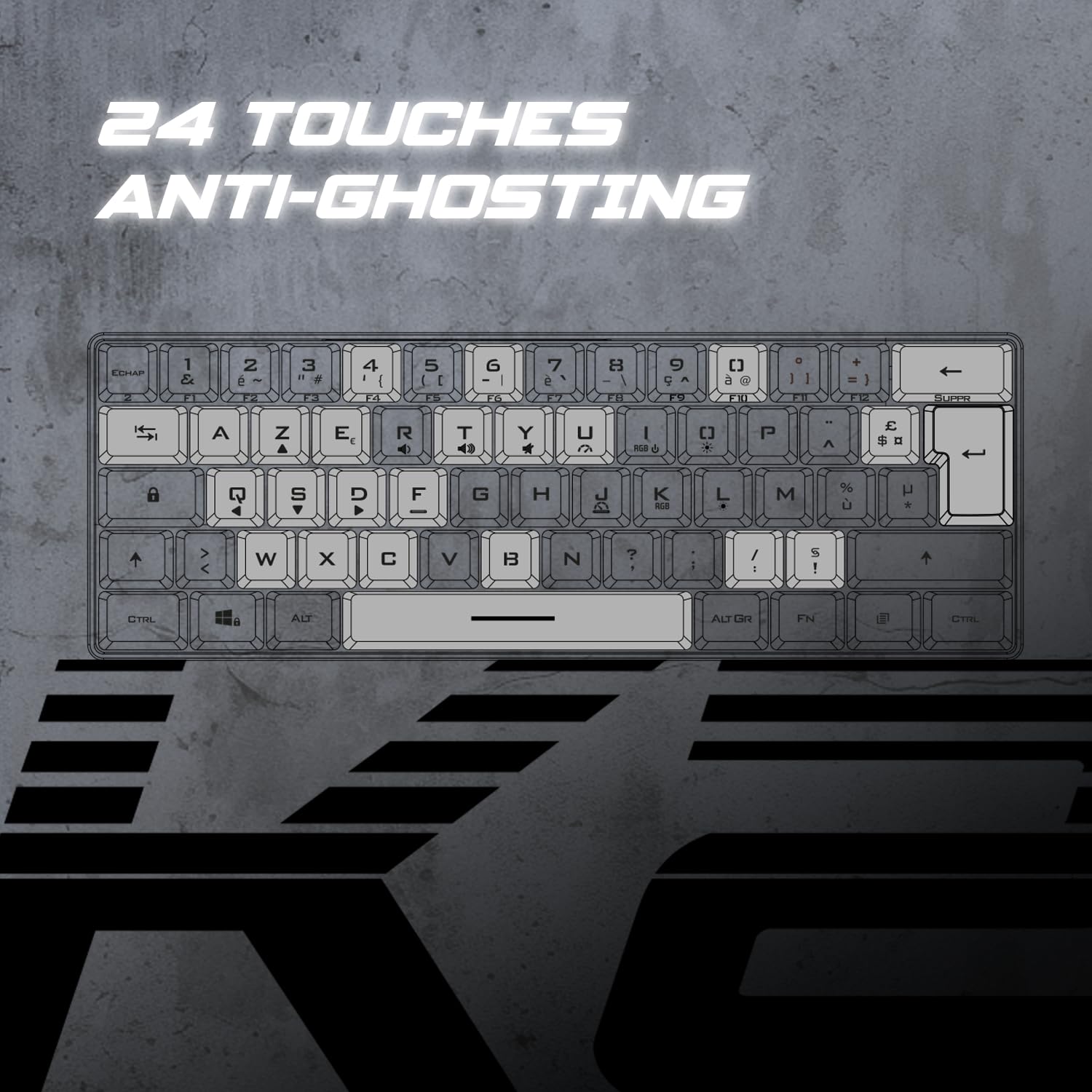 Spirit Of Gamer - Pro K2, Clavier Gamer Filaire Semi-Mecanique, Format Compact TKL 60%, 62 Touches Dont 24 Anti-Ghosting, Rétro-éclairage RGB Arc-en-Ciel, Hauteur réglable, Noir
