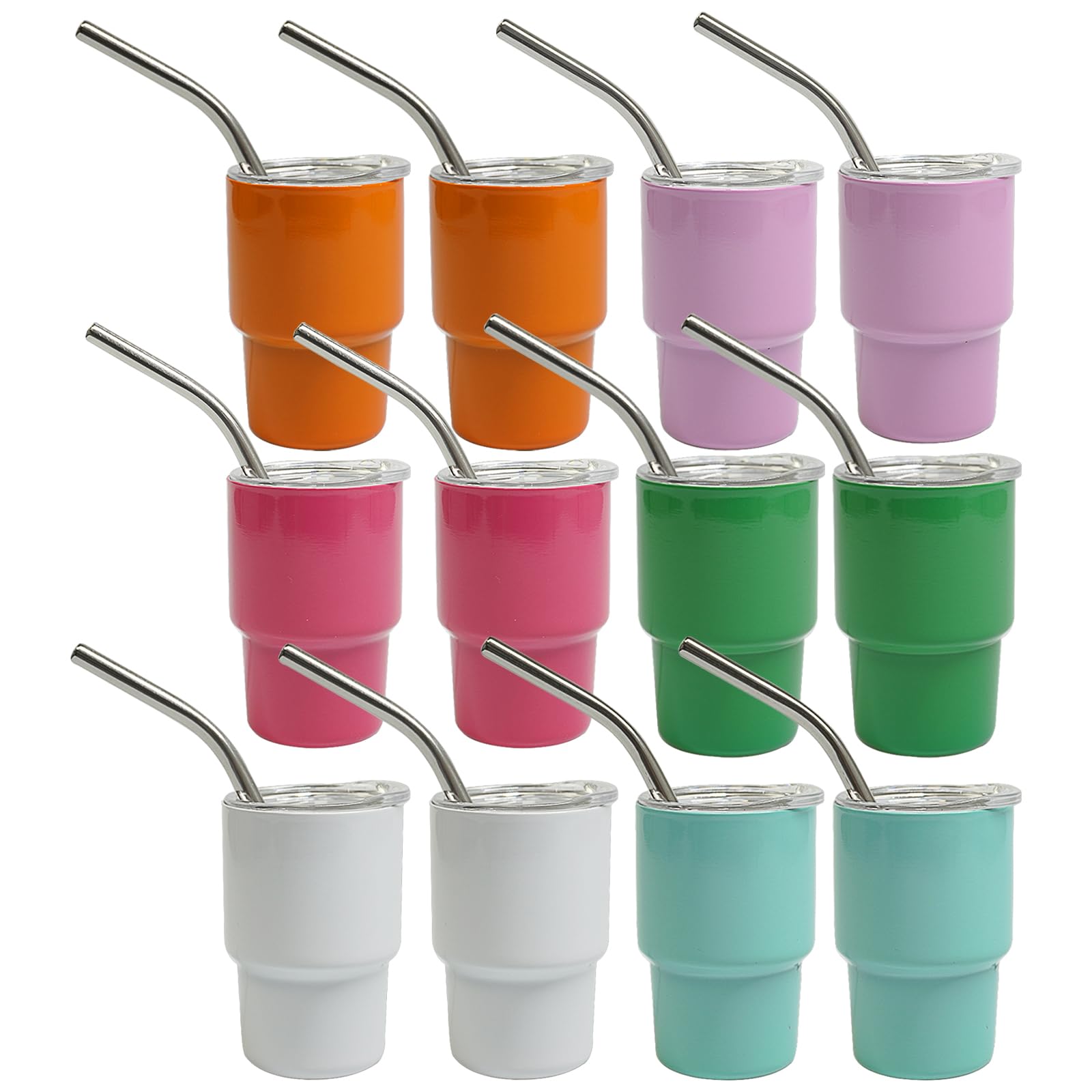 Lot de 12 mini verres à shot avec paille - Double couche en métal - Avec couvercles - Pour boissons, café, cocktails - Multicolore
