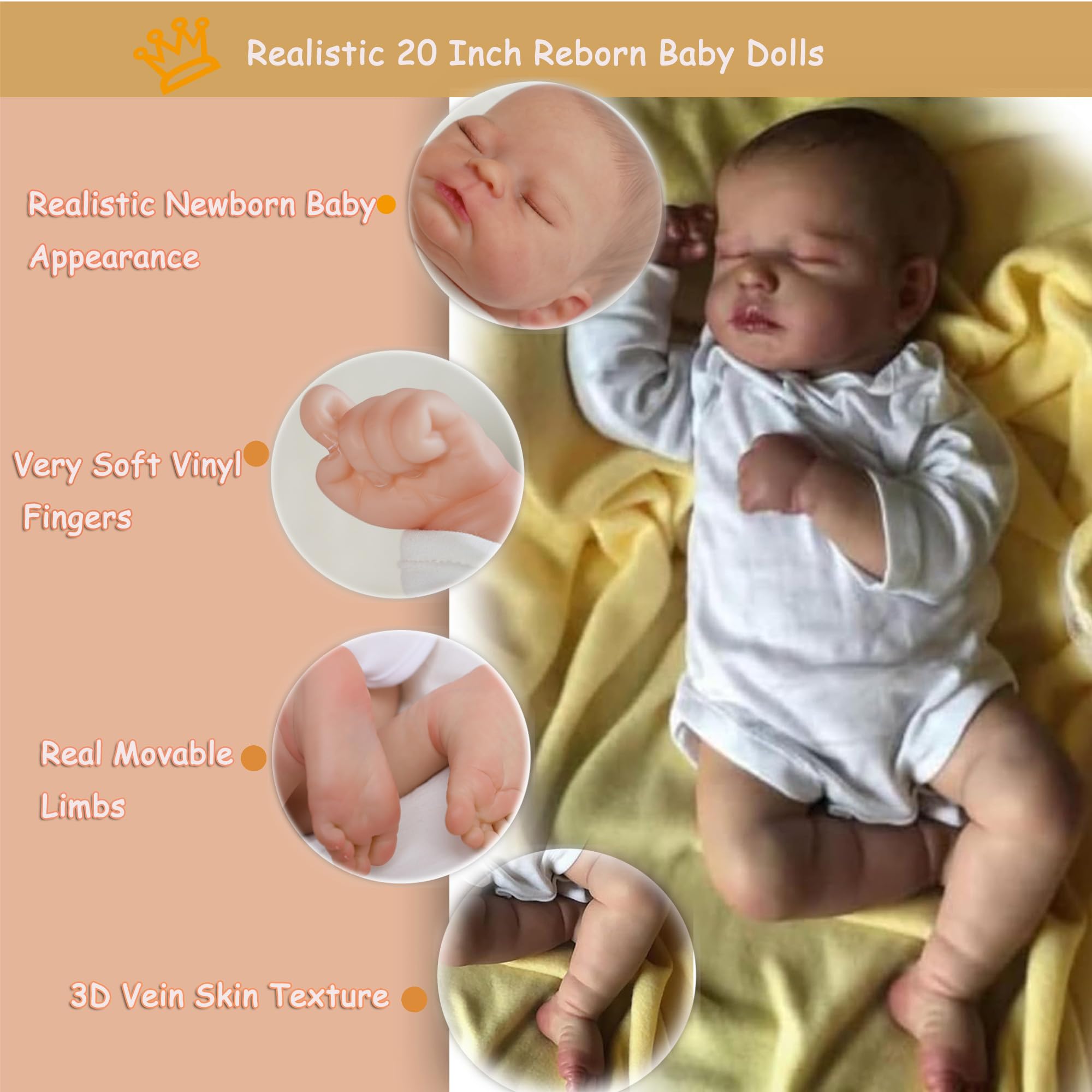 Reborn Puppe 20 Zoll 50cm Weiches Vinylsilikon Tuch Körper,Sieht aus wie EIN echtes Baby Lebensechte schlafende Baby Puppen Handgemacht Neugeborene
