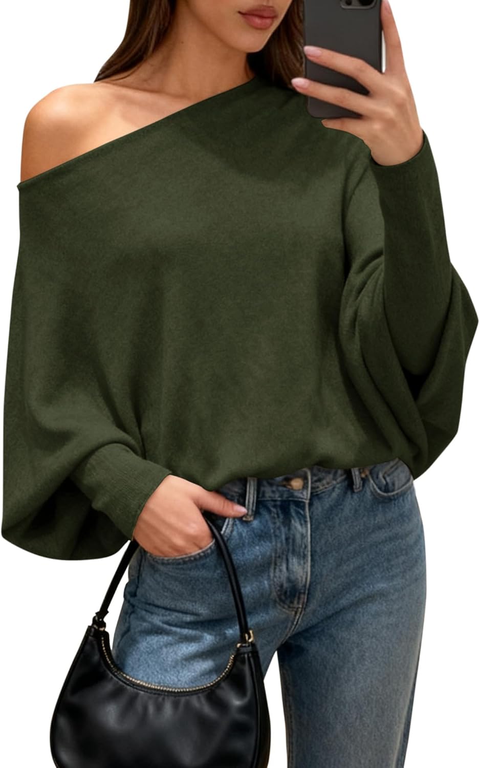 BTFBM Casual Fall Sweaters for Women 2026 Long Batwing Sleeve Ribbed Knit Tops Pullover Loose Off The Shoulder Sweater