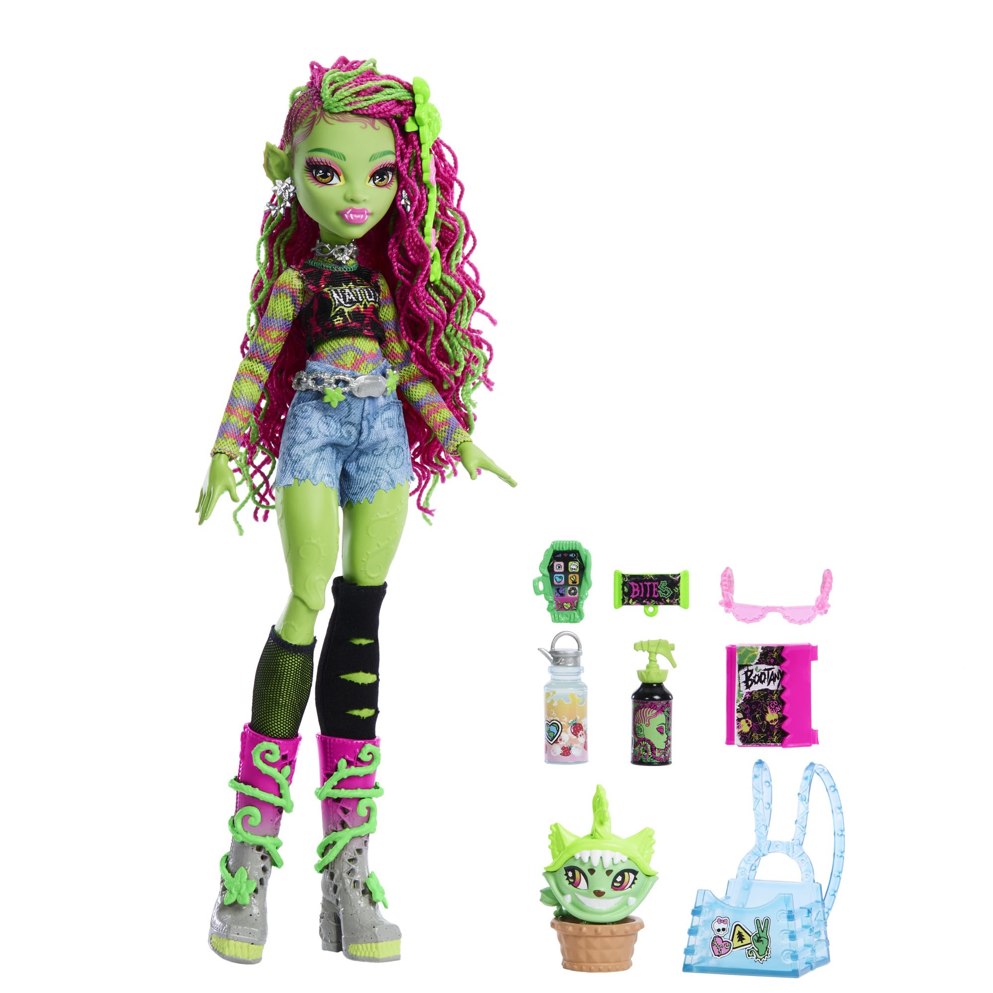 Monster High Venus McFlytrap Lalka + kotek Chewlian oraz akcesoria, takie jak plecak, notes i „przekąski”, HRP81