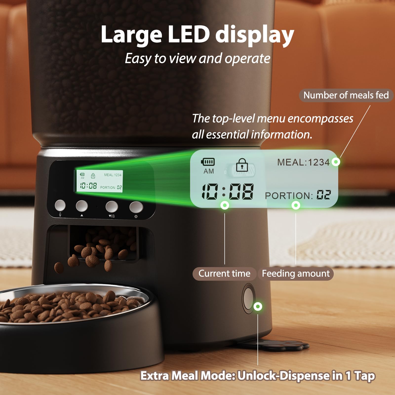 Automatic Cat Feeder, 4L/16Cups Cat Food Dispenser with Stainless Steel Bowl Programmable 30 Portions 6 Meals per Day, Timed Pet Feeder for Kitty Small Dogs with 10S Voice Record, Black - image 4