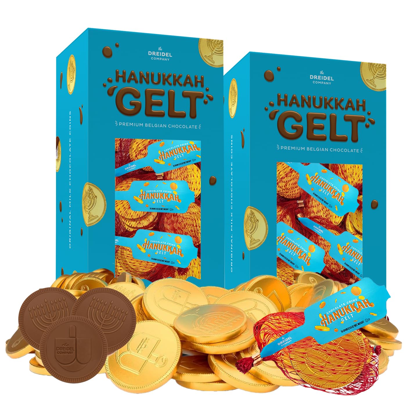 The Dreidel Company Chocolate Gelt Coins, 40-Mesh Bags - Made Milk Chocolate, Kosher OU- Dairy, Non GMO, Chanukah Gelt, (40 Mesh Bags) Hanukkah Coins With Menorah And Dreidel Designs