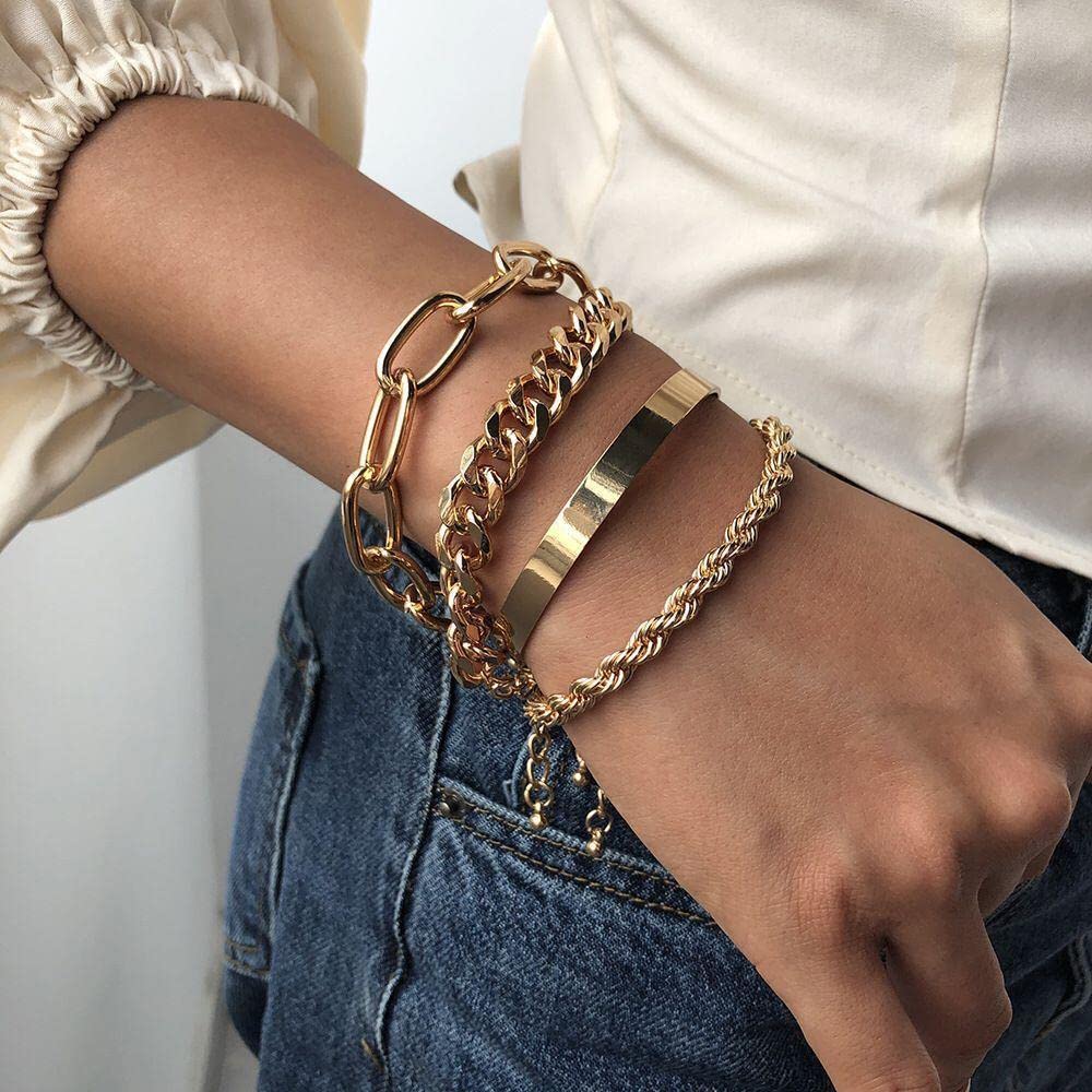 Juego de 15 pulseras doradas para mujer, pulseras abiertas apilables de múltiples capas, cadena de eslabones cubanos ajustables, delicadas joyas estéticas clásicas 5