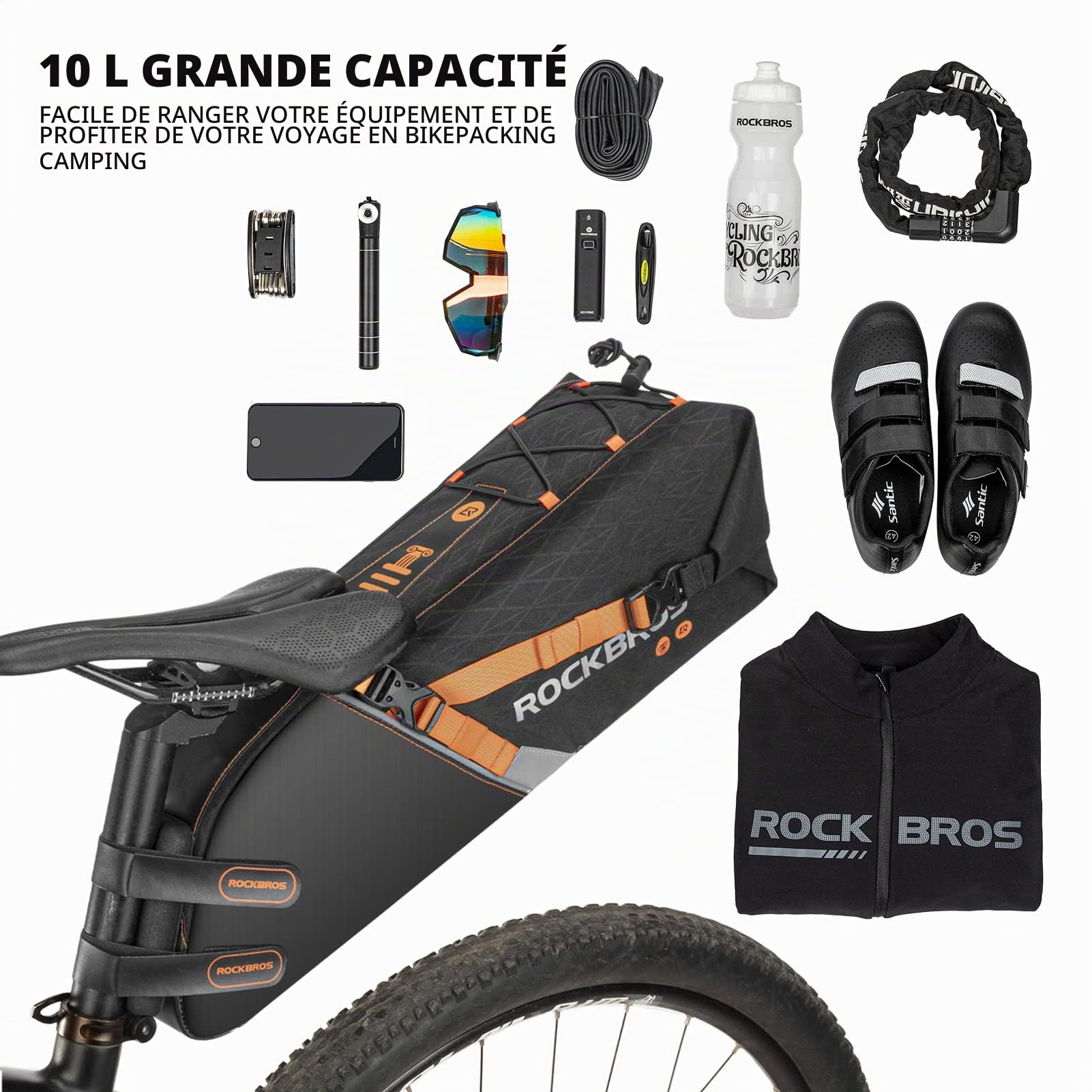 ROCKBROS Sacoche de Selle Étanche 10L - Grande Capacité, Noir | Sacoche Arrière Pliable pour Bikepacking, Rangement Outils, Fixation Rapide, Léger et Résistant pour VTT et Vélo de Route