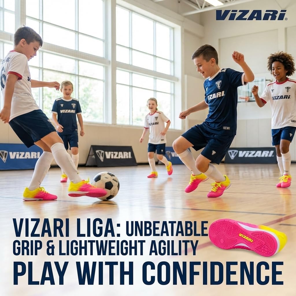 Vizari Liga Kids Indoor Soccer Shoes – Non-Slip Grip Outsole, Lightweight Synthetic Upper, Easy-Care Design, Vibrant Colors, Comfortable Boys & Girls Fit – Ideal for Indoor Play
