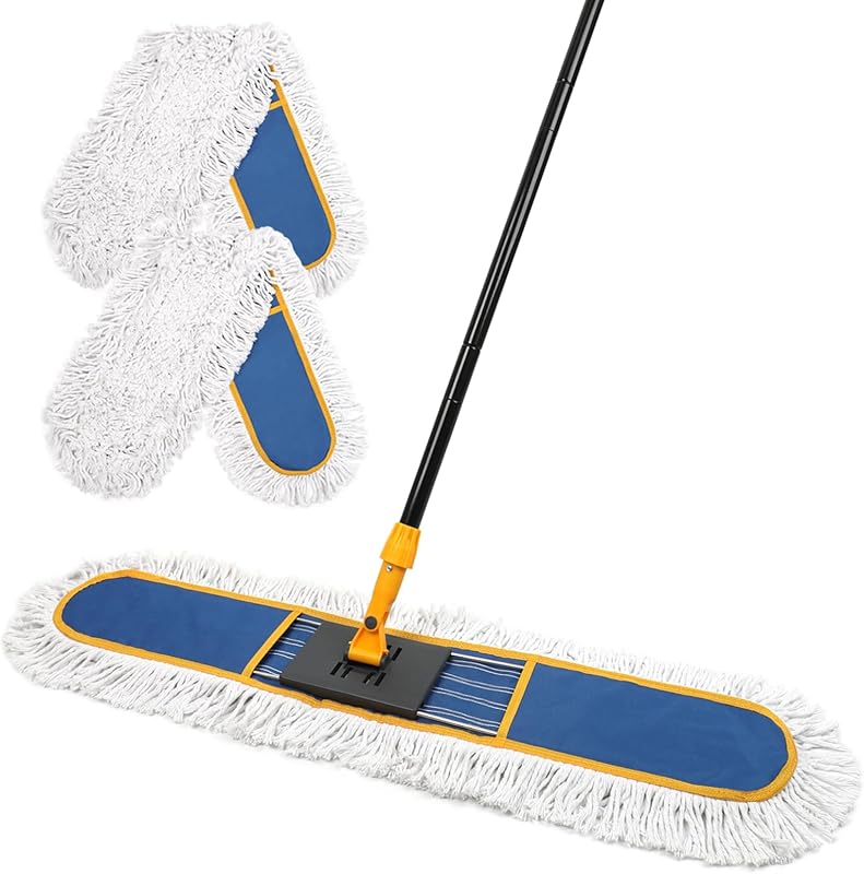 Trapeador de polvo de 24 pulgadas para limpieza de pisos, escoba barredora resistente que atrapa el polvo, el pelo de mascotas y los desechos, 2 almohadillas de algodón lavables, plumero para pisos de madera dura, baldosas, laminados y pisos LVP