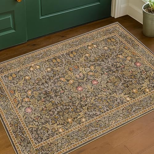 Brown Washable 2x4 Entry Rug - Front Door Rugs Indoor, Vintage Floral Style Small Rug for Kitchen, Bathroom, Non-Slip Boho Gold Entryway Décor