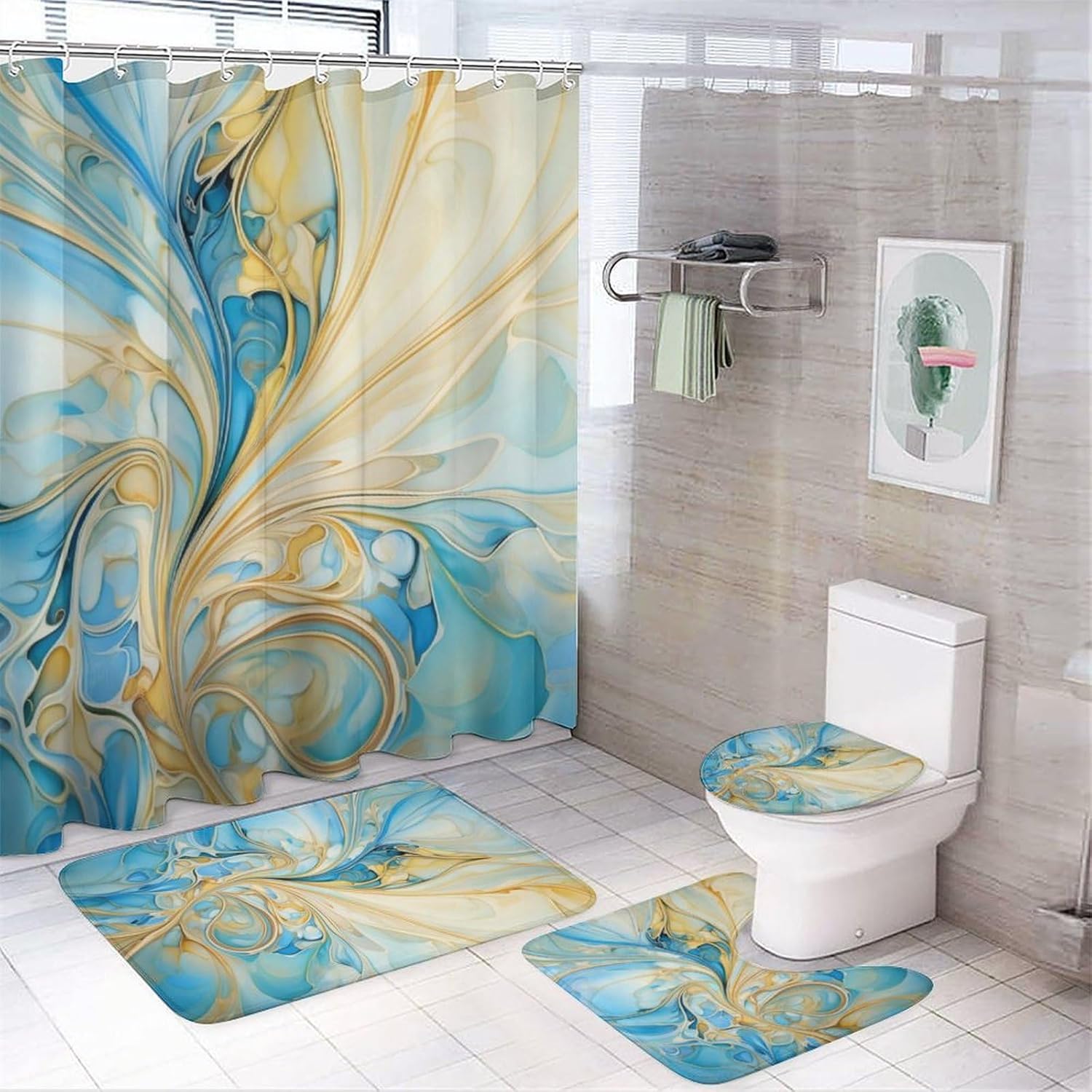 4Pcs Blue Gold Stripes Shower Curtain Sets with Non-Slip Rugs, Toilet Lid Cover and Bath Mat, Modern Beautiful Abstract Textured Bathroom Decor Set Waterproof Shower Curtains with 12 Hooks