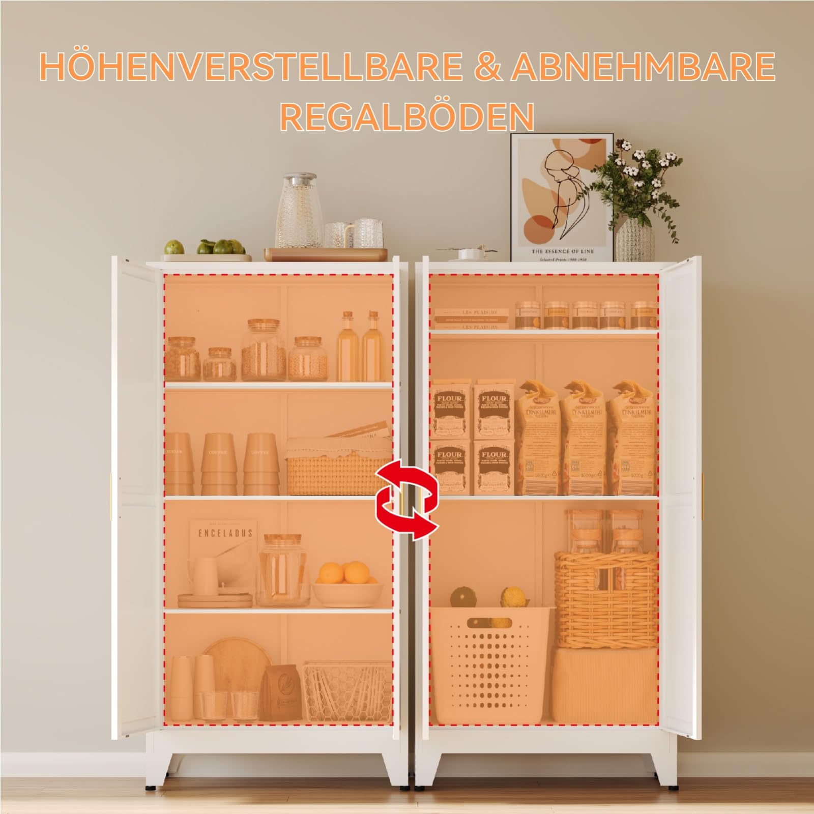 Mehrzweckschrank 70 cm Breit, Küchenschrank mit 2 Türen, Verstellbarer 4-Stufiger Metallschrank, Vorratsschrank, Allzweckschrank, für Küche, Esszimmer, Wohnzimmer und Homeoffice-Weiß-C