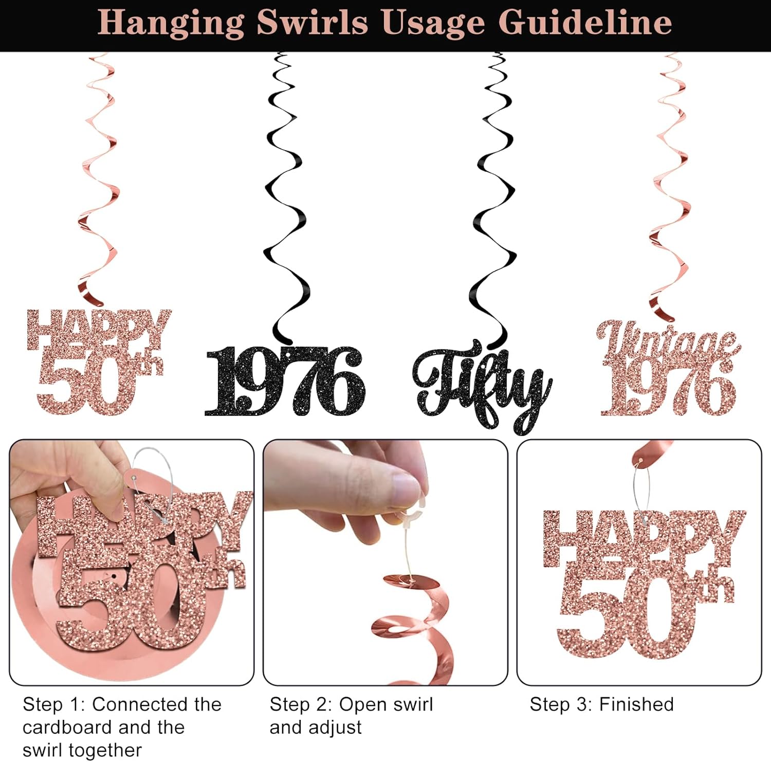 12PCS 50th Birthday Decorations for Women, Rose Gold Vintage 1976 Happy 50th Birthday Banner Triangle Flag Banner Glitter Hanging Swirls Party Supplies, Cheers to 50 Years Old Bday Decor - Image 7