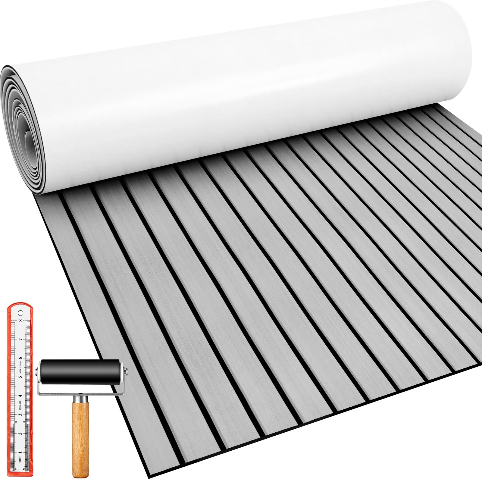 Duraaamo Boat Flooring EVA Foam 118" x 47" Boat Decking Non Slip Marine Self Adhesive Carpet with Roller Ruler for Kayak Yacht Motorboat