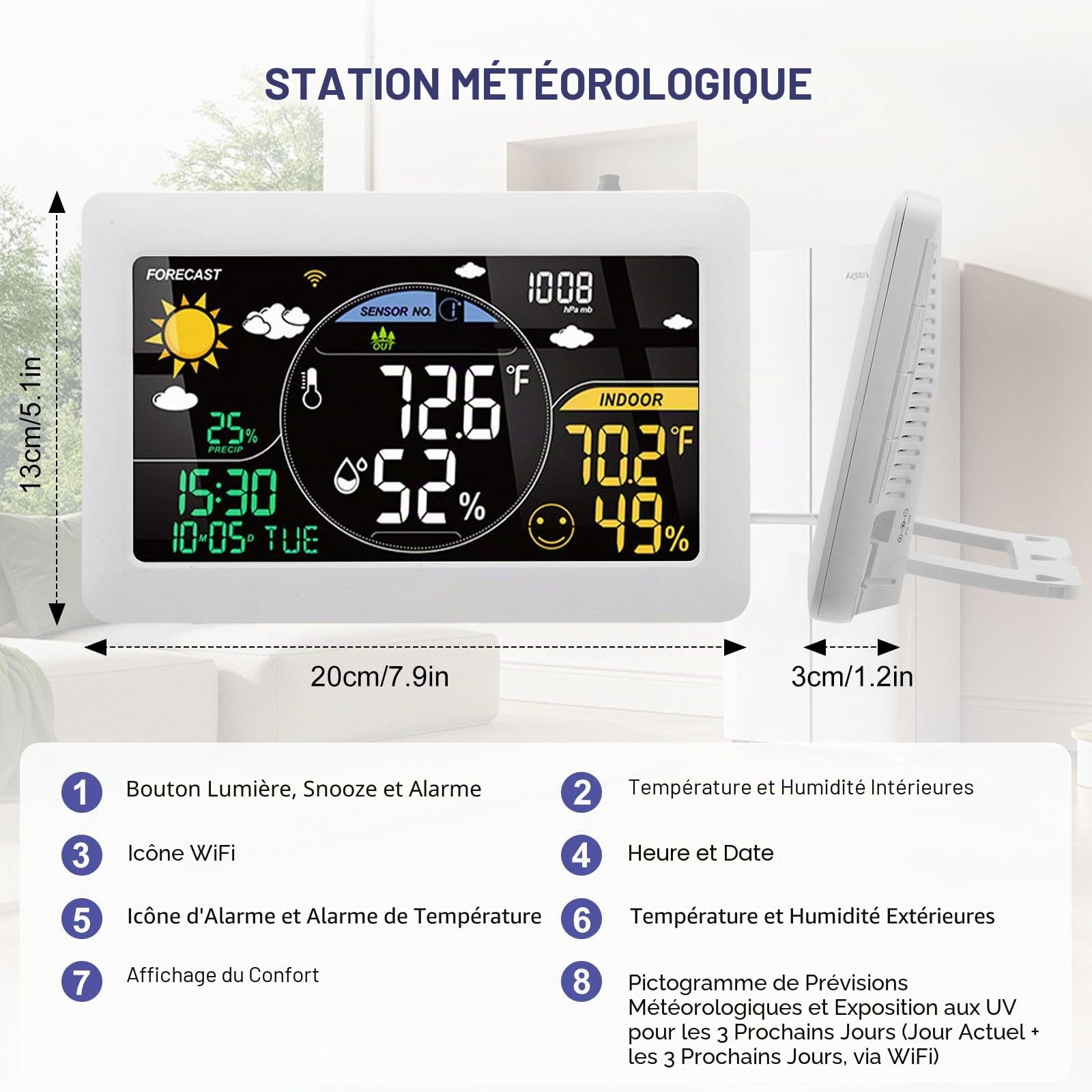 4 in 1 Station Météo Intérieur Extérieur Sans Fil - Station'meteo avec App Tuya et Smartlife Connectée WIFI avec 24h Prévisions Météo/Calendrier/Réveil/Réglage Automatique de la Luminosité