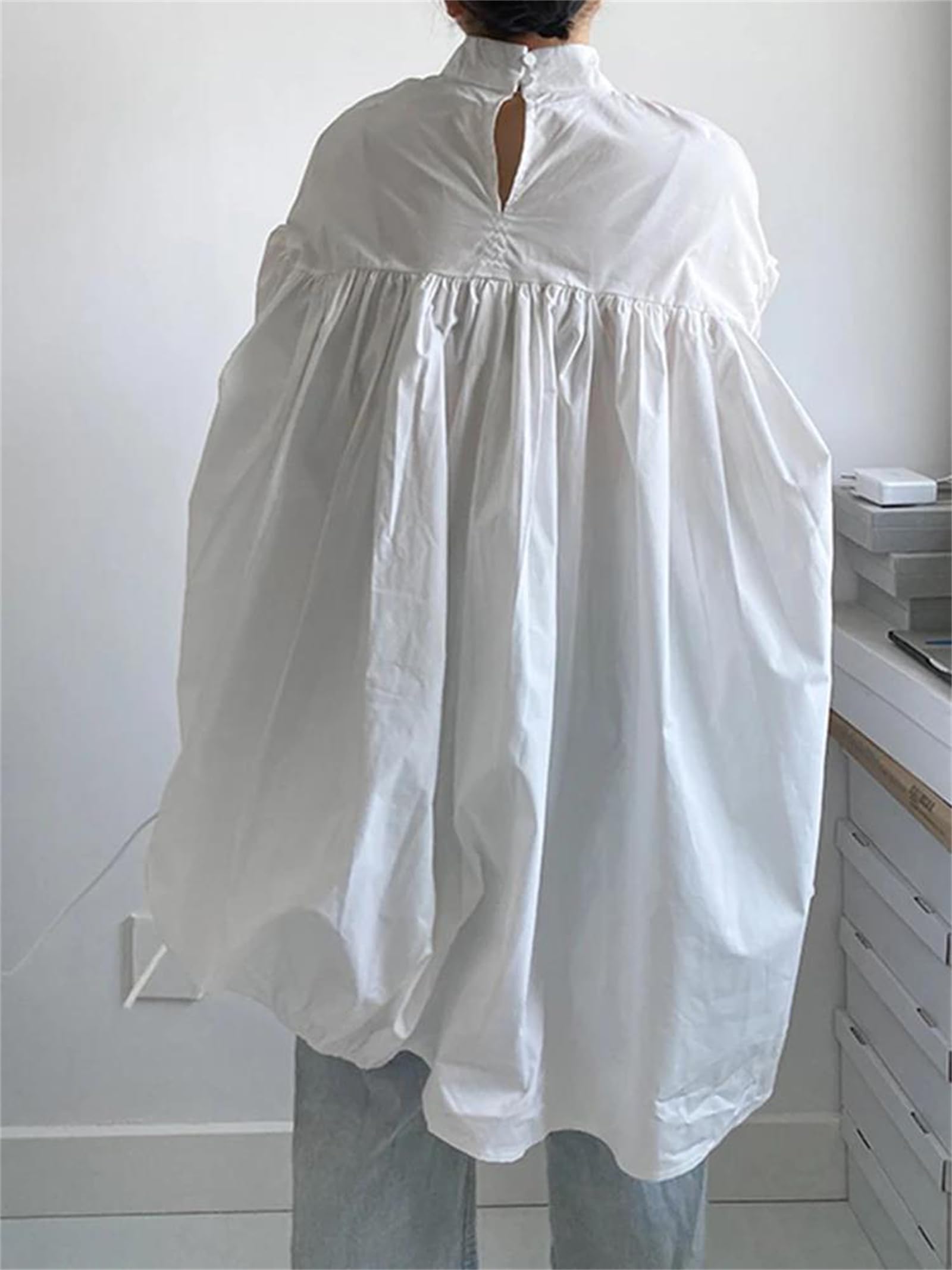 Genérico Blusa Holgada de Manga Larga con Cuello Alto y cordón Irregular para Mujer, Talla Grande, para Oficina y Trabajo (Talla única, Negra)