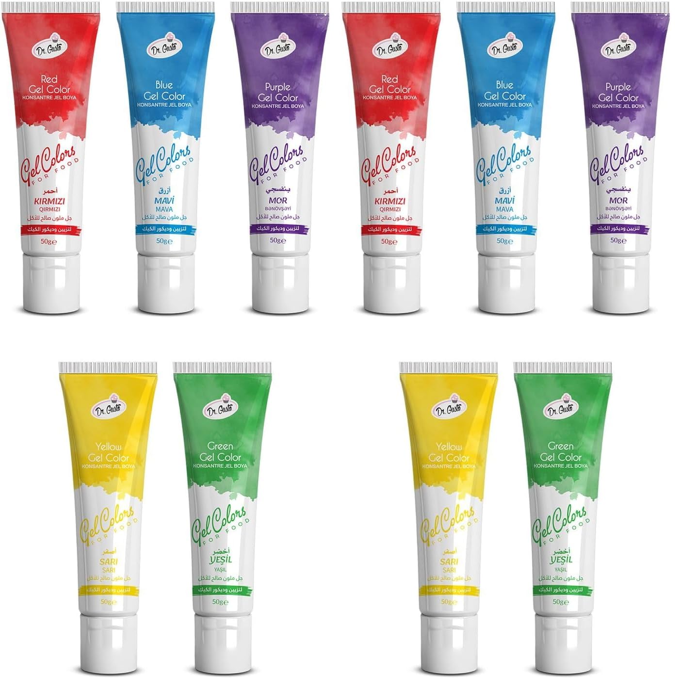 Dr. Gusto Jel Gıda Boyası Konsantre 5x50 GR 5'li Set Mavi Kırmızı Mor Sarı Yeşil (2 paketi)