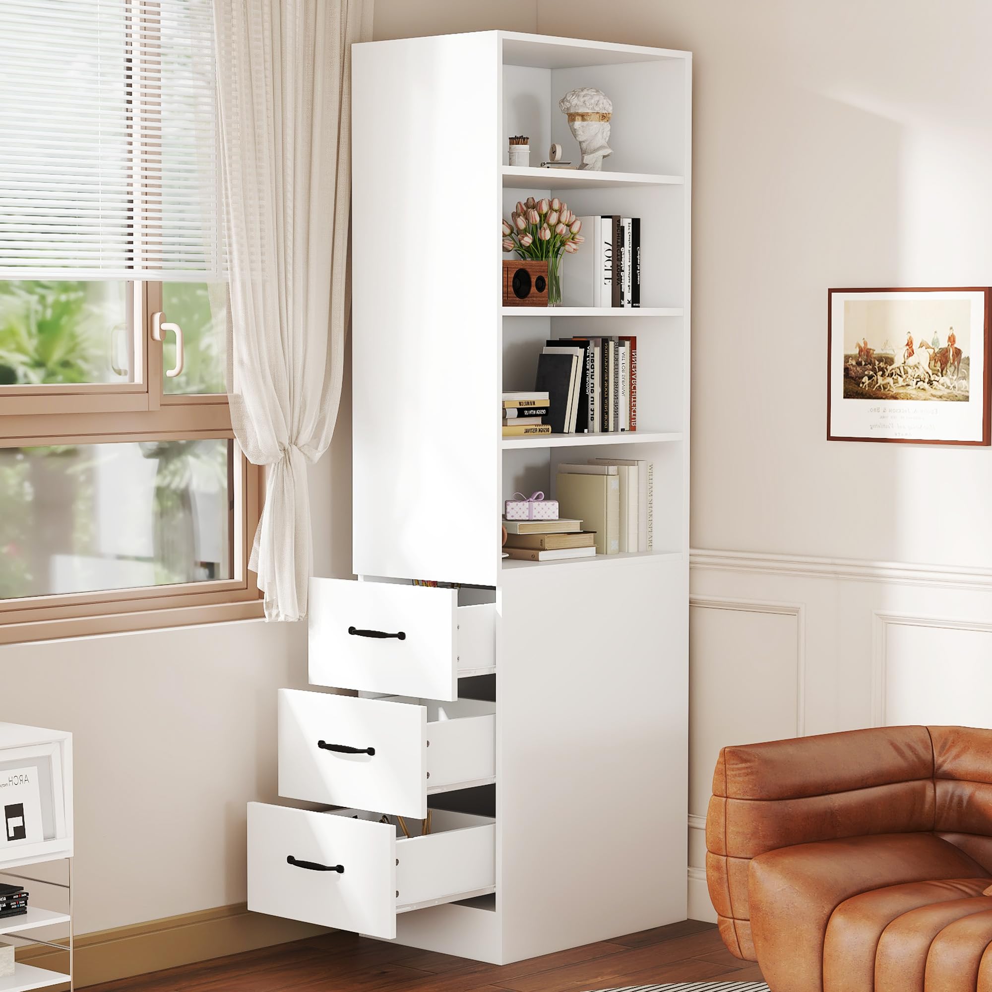 Estantería de 180 cm de altura extra estrecha con cajones laterales – estantes ajustables, intercambiable a izquierda y derecha, adecuada para espacios pequeños, aparador, salón, estantería alta
