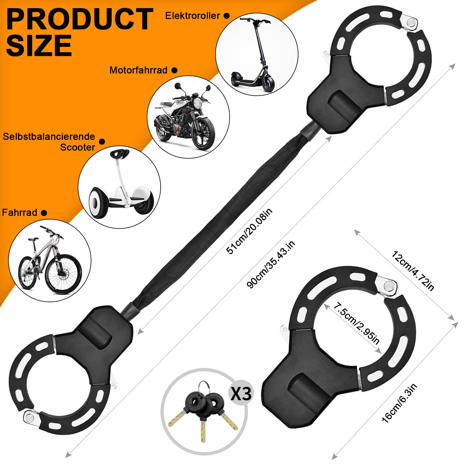 Serratura per Monopattino Elettrico 90cm - Catenaccio a Manette con Chiave & Guarnizione Gomma Antigraffio, Alta Sicurezza per Bici/Passeggini (Blocco Tipo A, Resistente a Trapano)