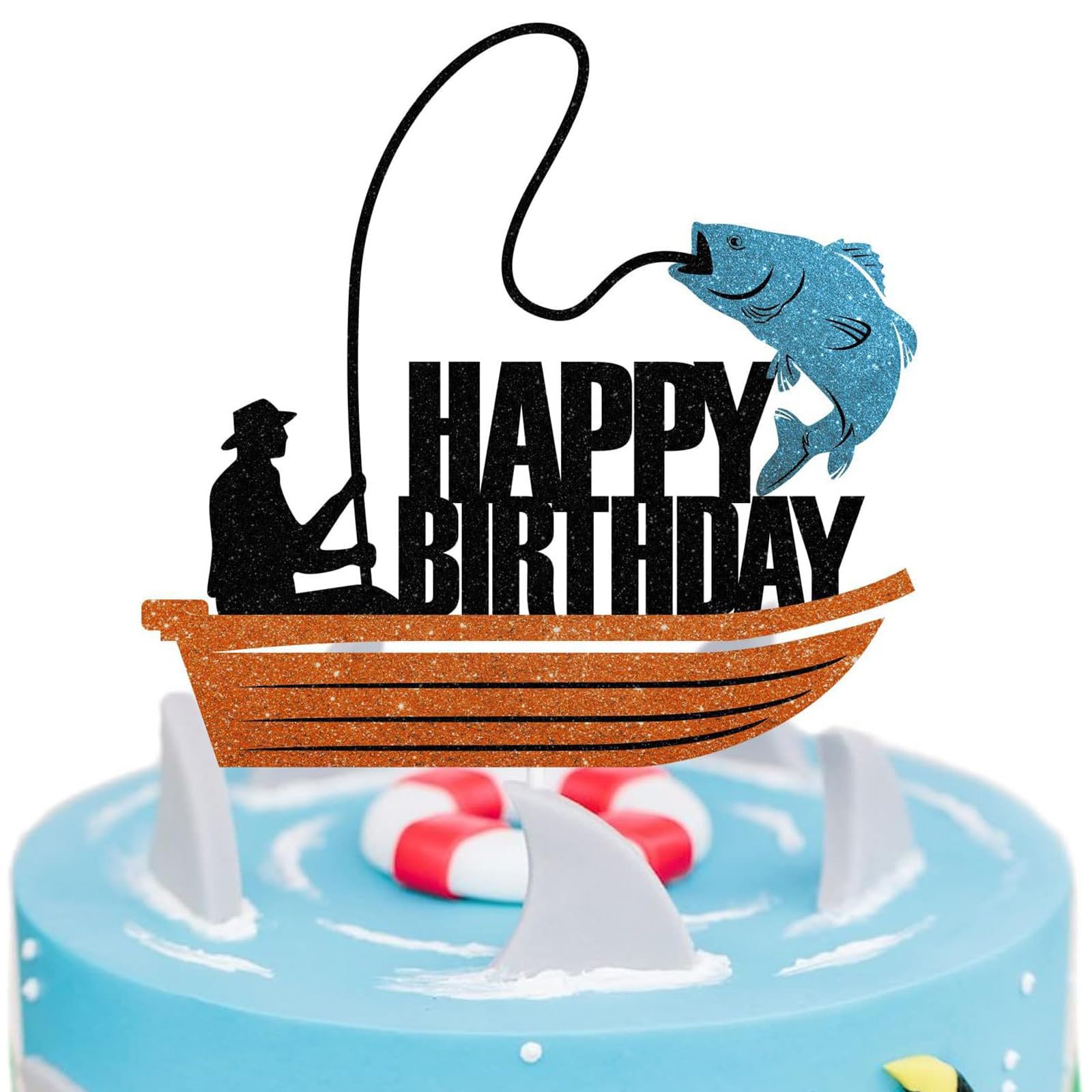 Silars Tortenaufleger Angler Cake Topper Fischer, 1 Stück Glitzer Kuchendeko Geburtstag Fische, Angeln Tortendeko für Tischdekoration für Angeln Thema Geburtstagsparty (Angler 3)