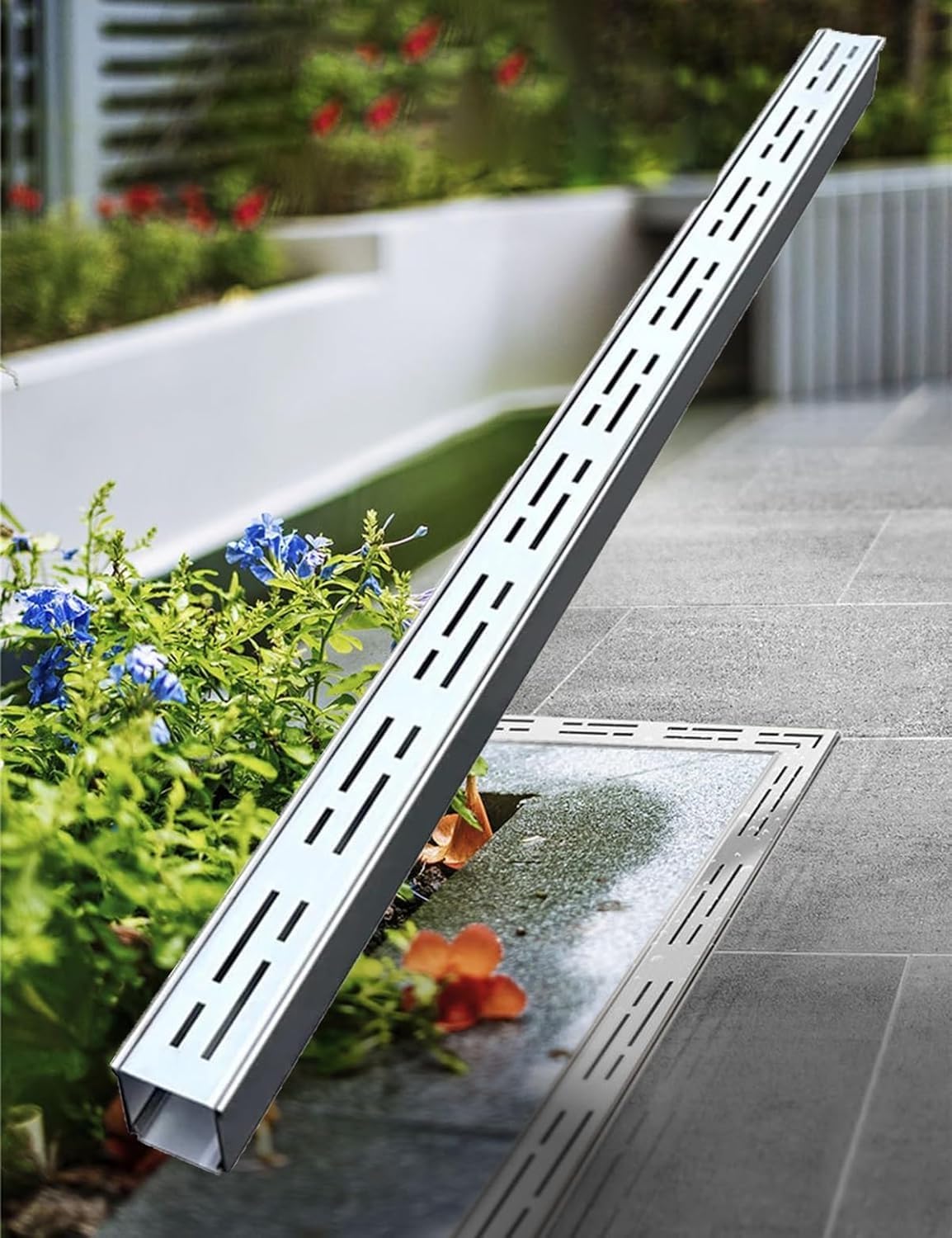 Zewnętrzny kanał liniowy ze stali nierdzewnej, system drenażowy, wąski, 100 cm, na podwórko, podjazd, ogród, patio, prysznic, zestaw 2 szt. (10 x 5 cm)