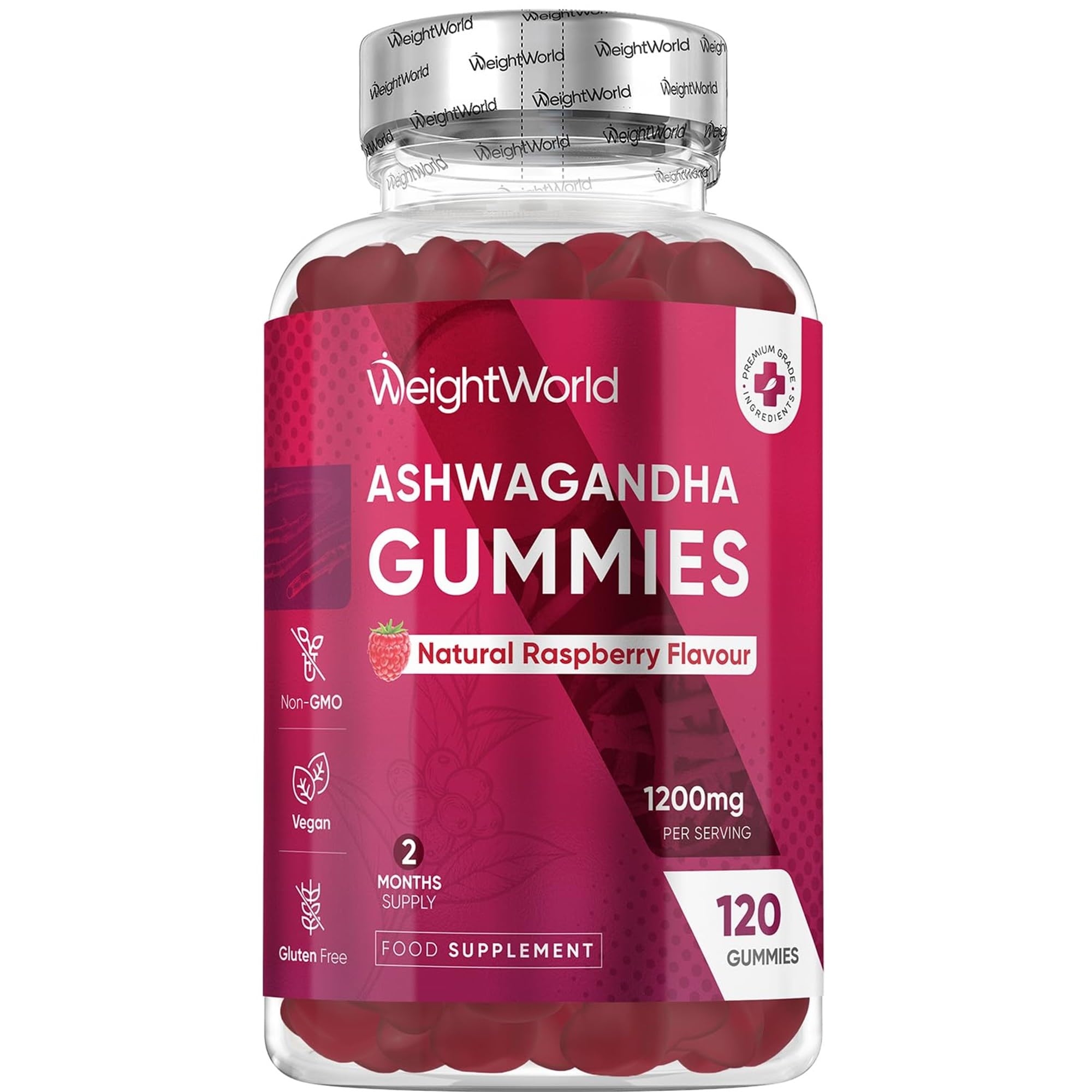 Ashwagandha Gummies - 1200 mg per serving - 120 vegan gummy bears - 2 month supply - natural raspberry flavour - alternative to ashwagandha capsules - 2 gummy bears daily WeightWorld