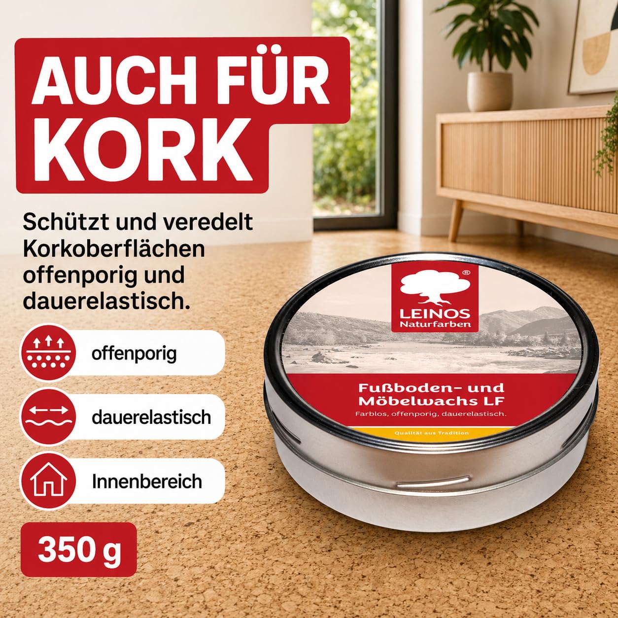 LEINOS Fußboden- & Möbelwachs LF 310 | 350 gramm Natürliches Hartwachs für Innenbereiche | Atmungsaktiver Schutz für Holz, Kork, Tonfliesen | Reines Naturwachs mit Bienen- & Carnaubawachs
