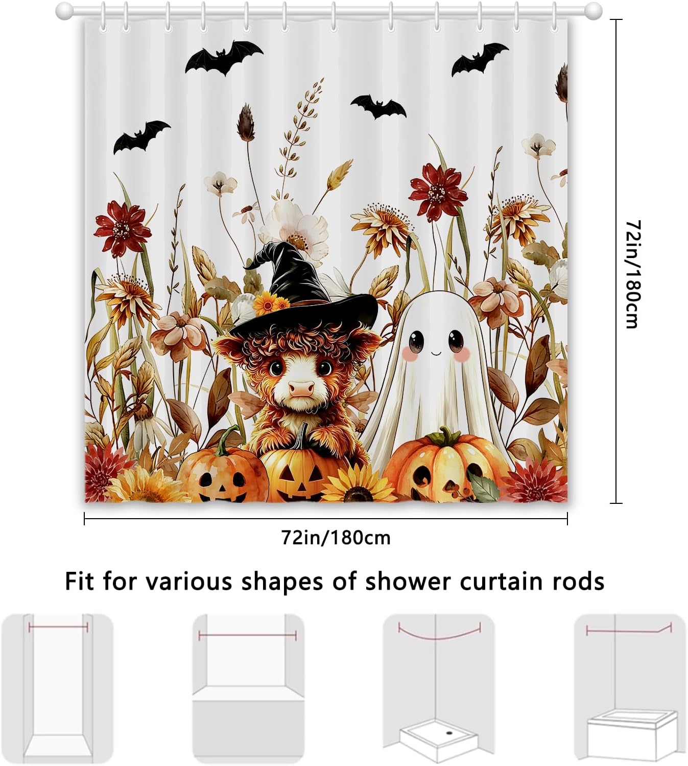 APROPHIC Halloween Ghost Highland Cow Pumpkin Shower Curtain 72x72 Inches
