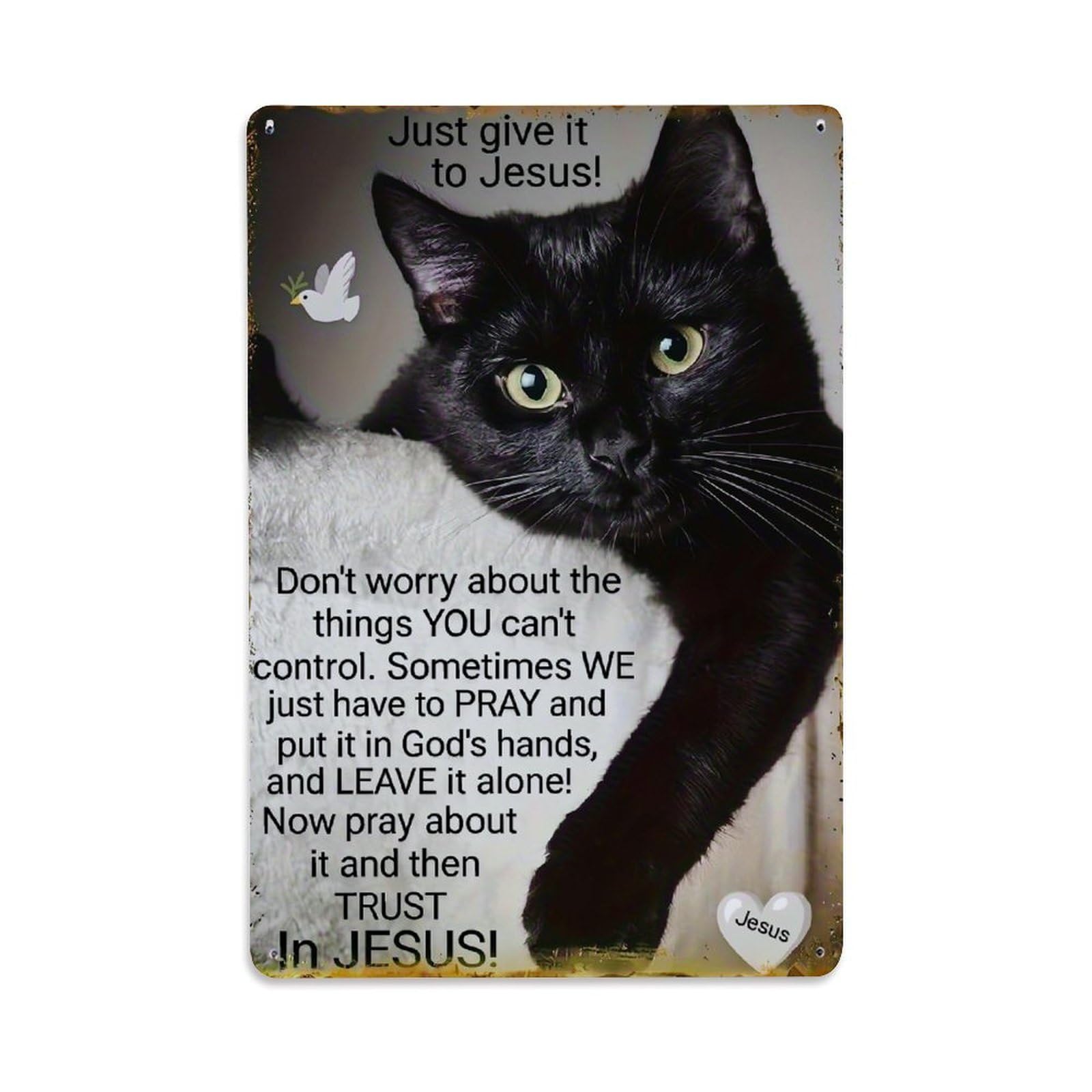 Jdfenggu Vintage Black Cat With Religious Text Retro Metal Tin Sign, Metal Poster For Bar, Home, Man Cave, Kitchen, Laundry Room Art Decor 8X12 Inch