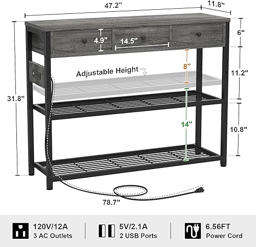 Miniatura 12 de Ecoprsio Mesa de entrada de 47 pulgadas con salidas y puertos USB, mesa consola con 3 cajones, mesa de sofá estrecha larga con estantes de Marrón