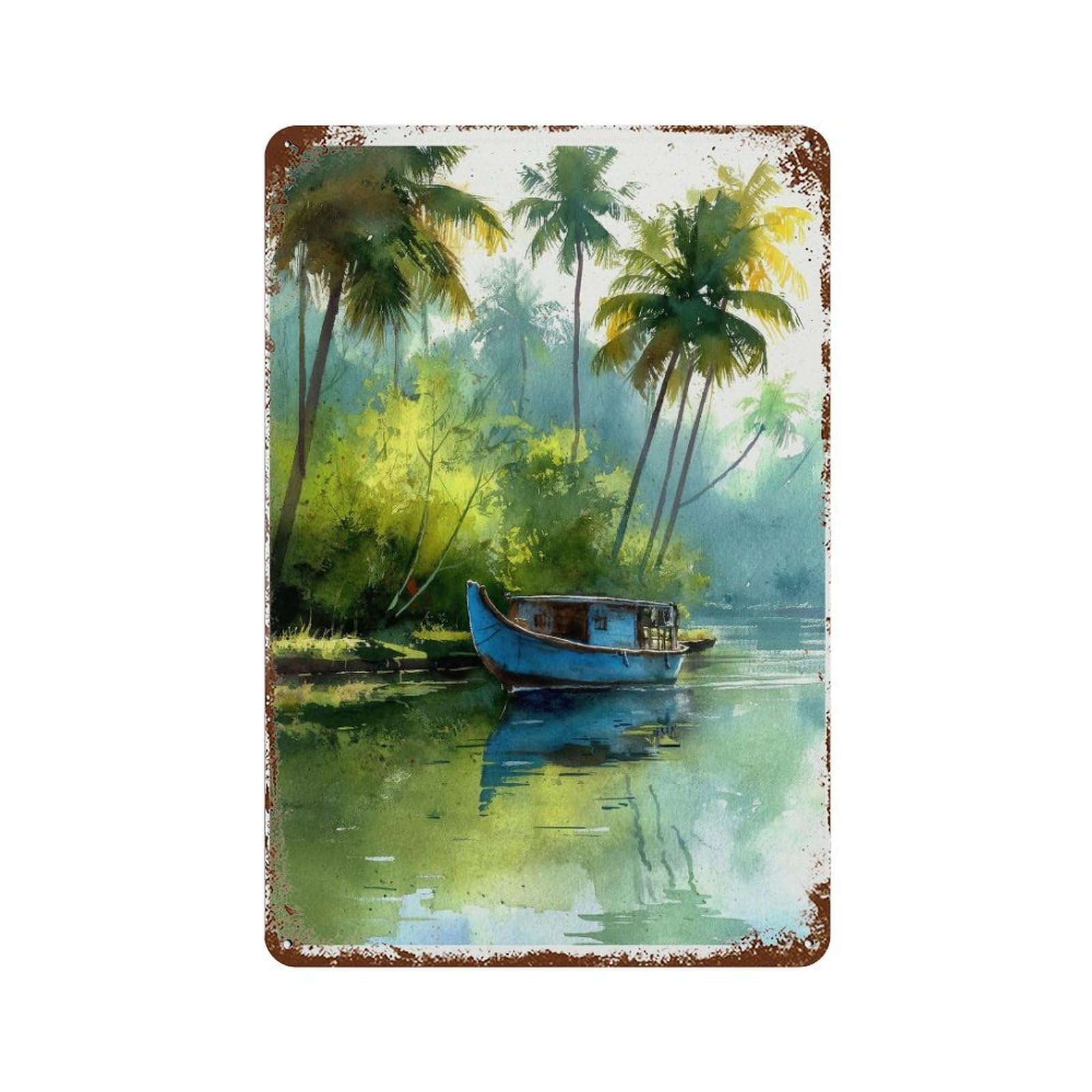xiaoxiaoshen Kottayam India Watercolor Travel Tropical Backwaters Nature Landscape Wall Decor Art Metal Tin Poster Modern Home Decor Art Home Bar Shop Decorations Vintage Sign 30x20cm