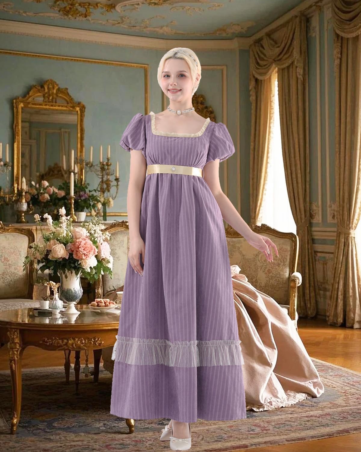 Vintage Empire Waist Ball Gown Long Tea Party Costume Dress Women's Regency  Dress  1800s Vintage Satin Ball Gown With Empire Waist & Short Sleeves  Regency Era Wedding Dresses