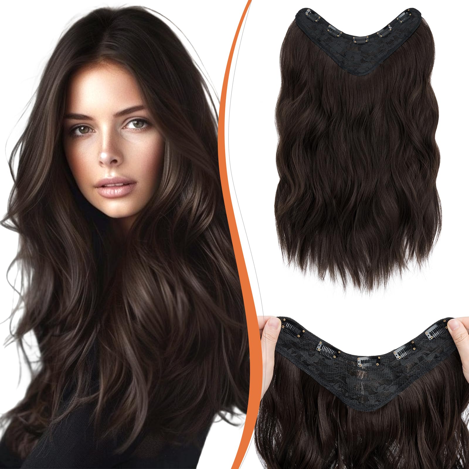 Benehair 18 Inch Clip in Hair Extensions Long Curly Wave Clips in One Piece 5 Clips Extensions Synthetic Fiber Full Head Natural Looking Hair Piece for Women(Dark Brown