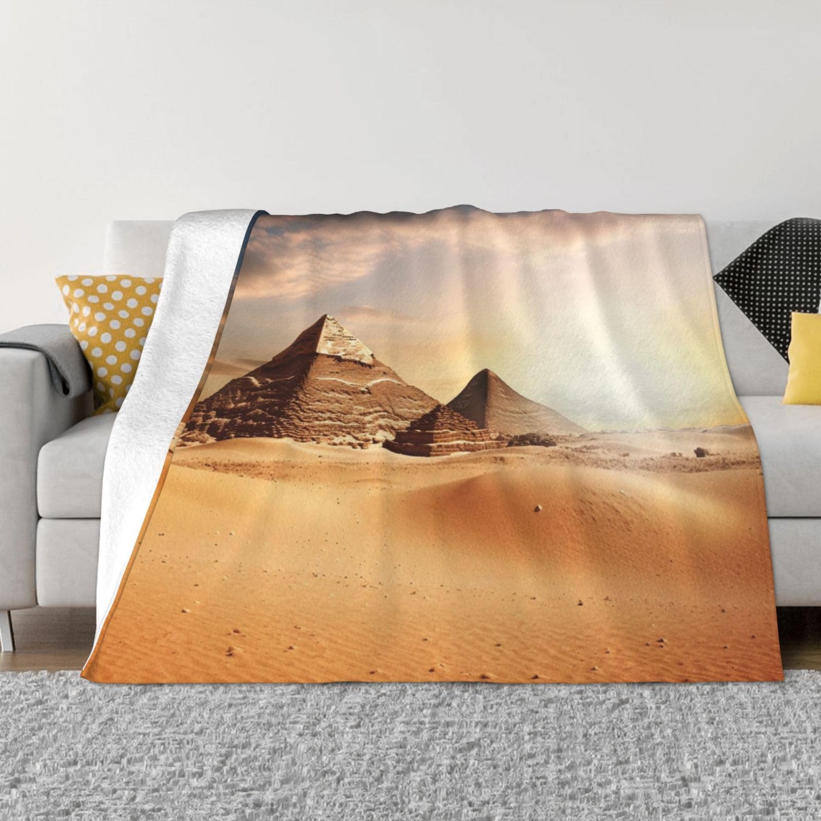 Egyptian Pyramid in Desert Throw Blanket 80"x60" Flannel Fluffy Warm Blanket for Couch, Reversible Plush Blankets for Bed, Comfy Fuzzy Blanket for Sofa, Plush Lightweight-Blankets for All Season