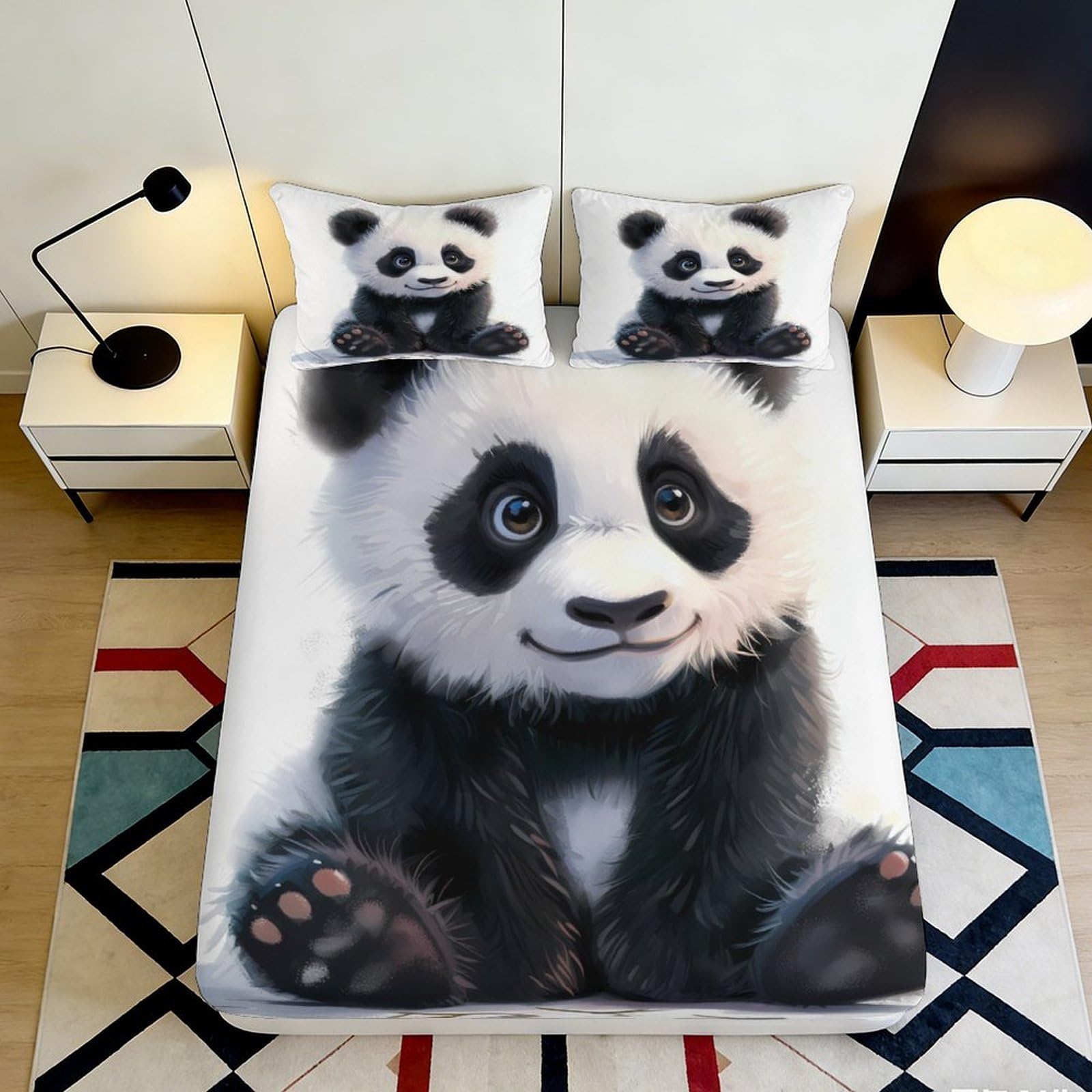 3D Printed Cute Panda Fitted Sheet Microfiber Soft Breathable Cartoon Animal Bed Cover for Bedroom Guest Room Decor 90x200x25cm