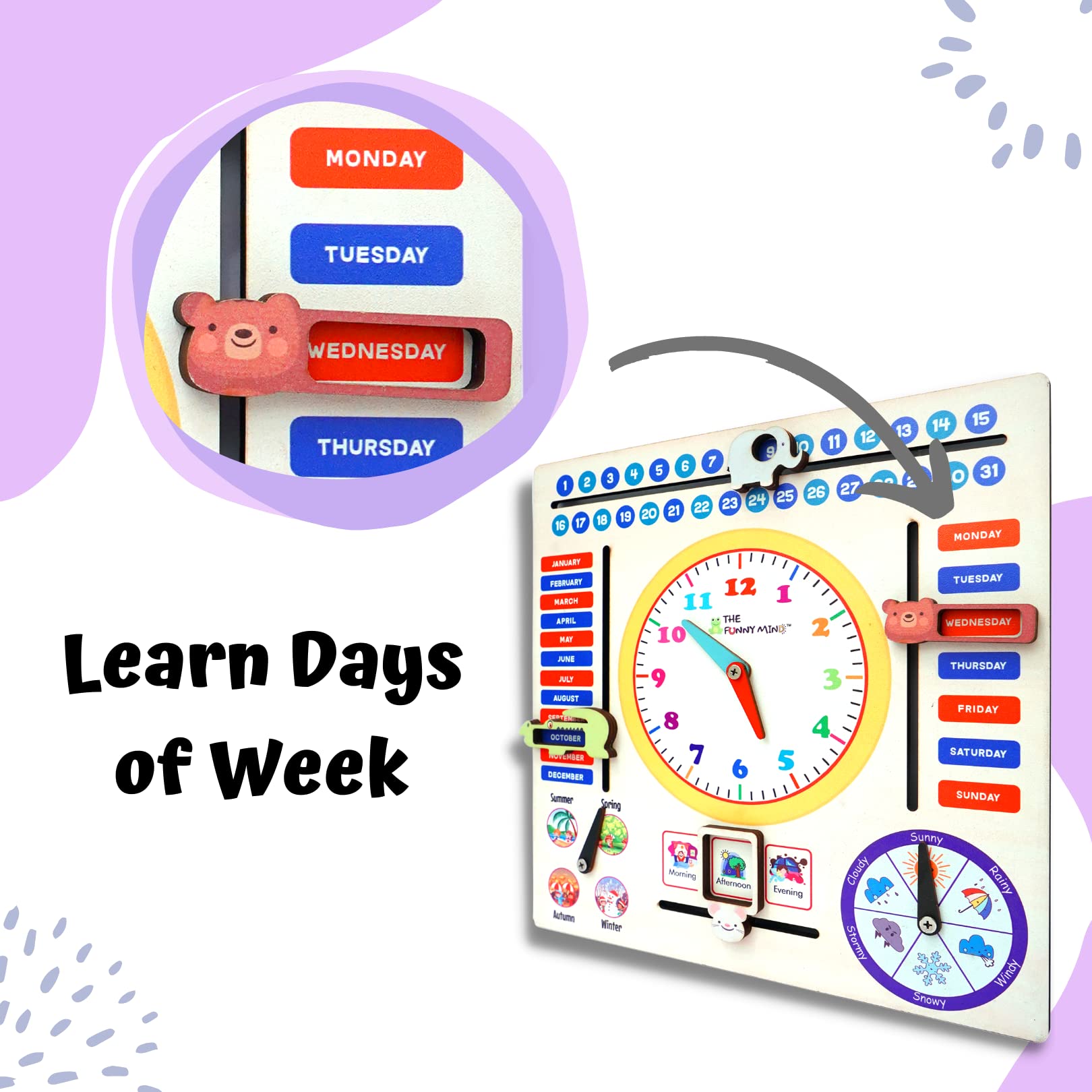 The Funny Mind 7 Activities Teaching Clock with Weather, Days, Months, Dates, Greetings, and Seasons Board Wooden Toy Game for Kids, Toddlers, and Babies | Preschool Educational Toy 36 X 36 Cm - Image 4 thumbnail