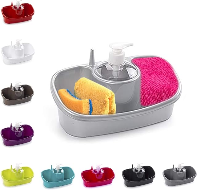 Plastic 3 in 1 Washing Up Liquid Soap Dispenser with Pump Head & Sponge Holder For Kitchen Bathroom, Sink Soap Dispenser, Portable Sink Organizer Rack (Silver)
