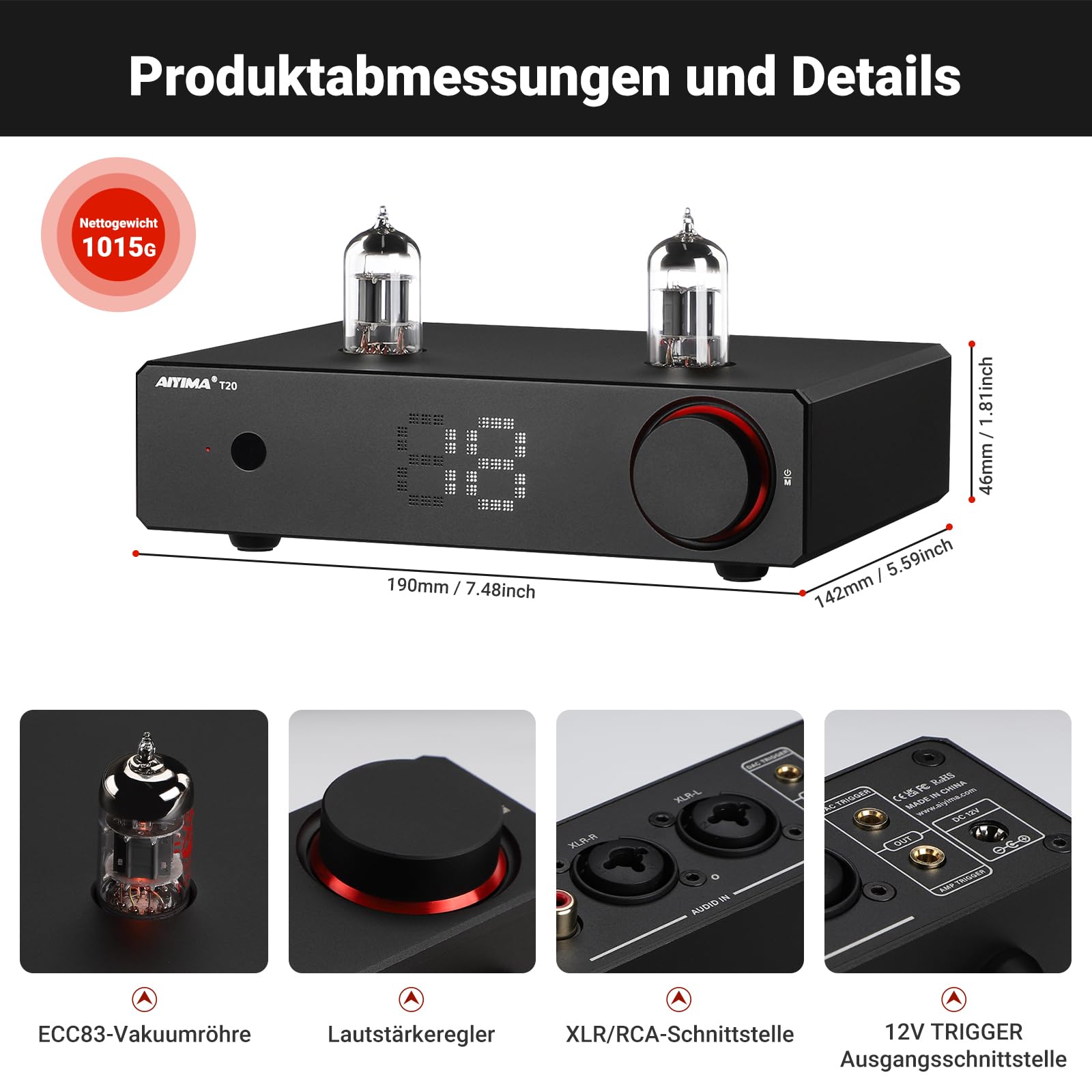 AIYIMA T20 Balanced Tube Vorverstärker LME49720 für HiFi-Heim-Audio Mini-Vakuumröhren-Vorverstärker mit Cinch-/XLR-EIN- und Ausgängen und 12-V-Triggerausgang (DC12V 2A-Netzteiladapter)