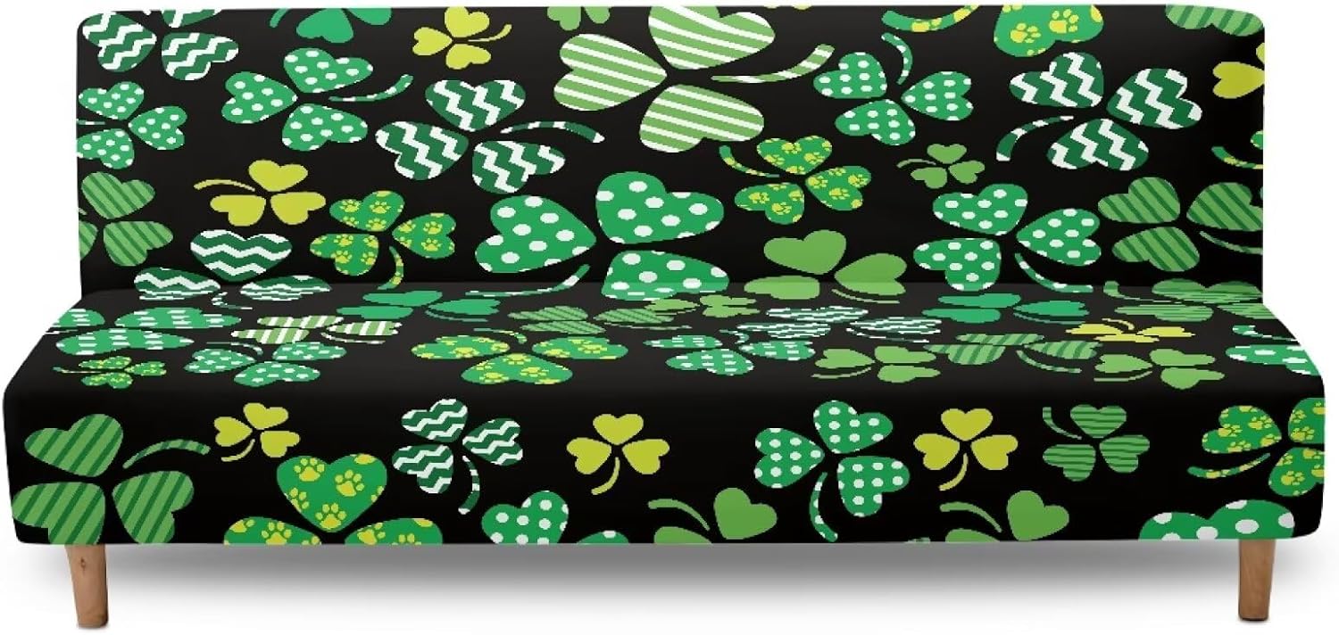 Non Slip Futon Protector Cover Armless Sofa Couch Bed Slipcovers with Elastic Bands Furniture Protector St Patrick's Day Green Leaf