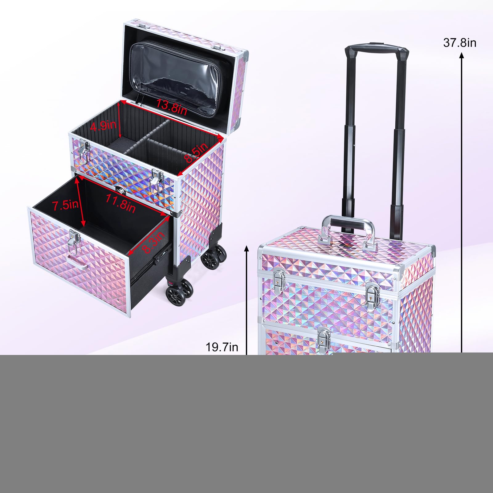 Kosmetikkoffer Trolley Kosmetik Trolley mit Schublade Make up Koffer Schminkkoffer Friseurkoffer mit Rollen Beauty Case Nagelkoffer Nageldesign Koffer,Rosa