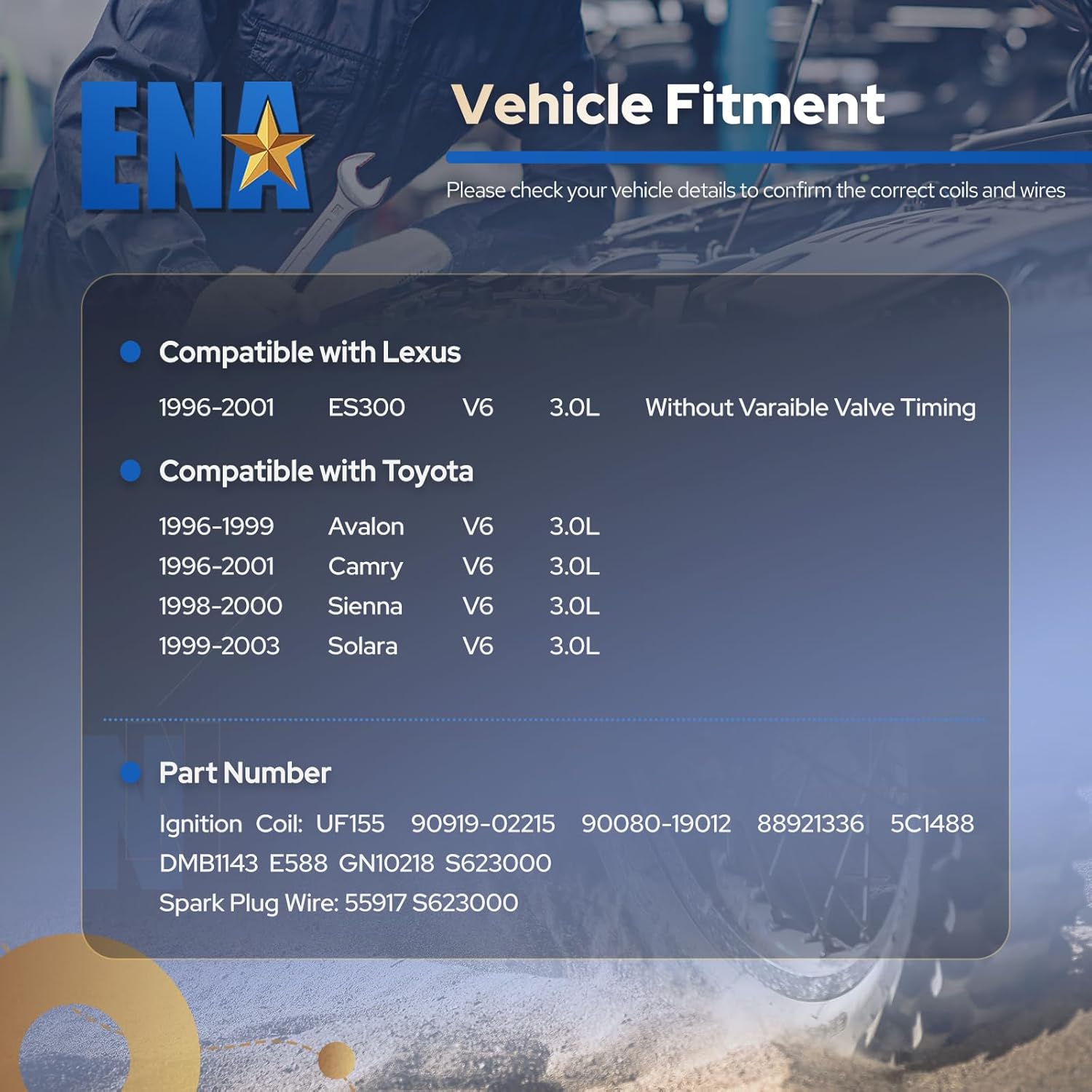 ENA Set of 3 Ignition Coil Pack and 3 Wire Set V6 3.0L Compatible with Toyota Lexus 1996 1997 1998 1999 2000 2001 Camry Sienna Avalon Solara ES300 Engine 1MZFE Replace# UF155 9091902215 IC267 S623000