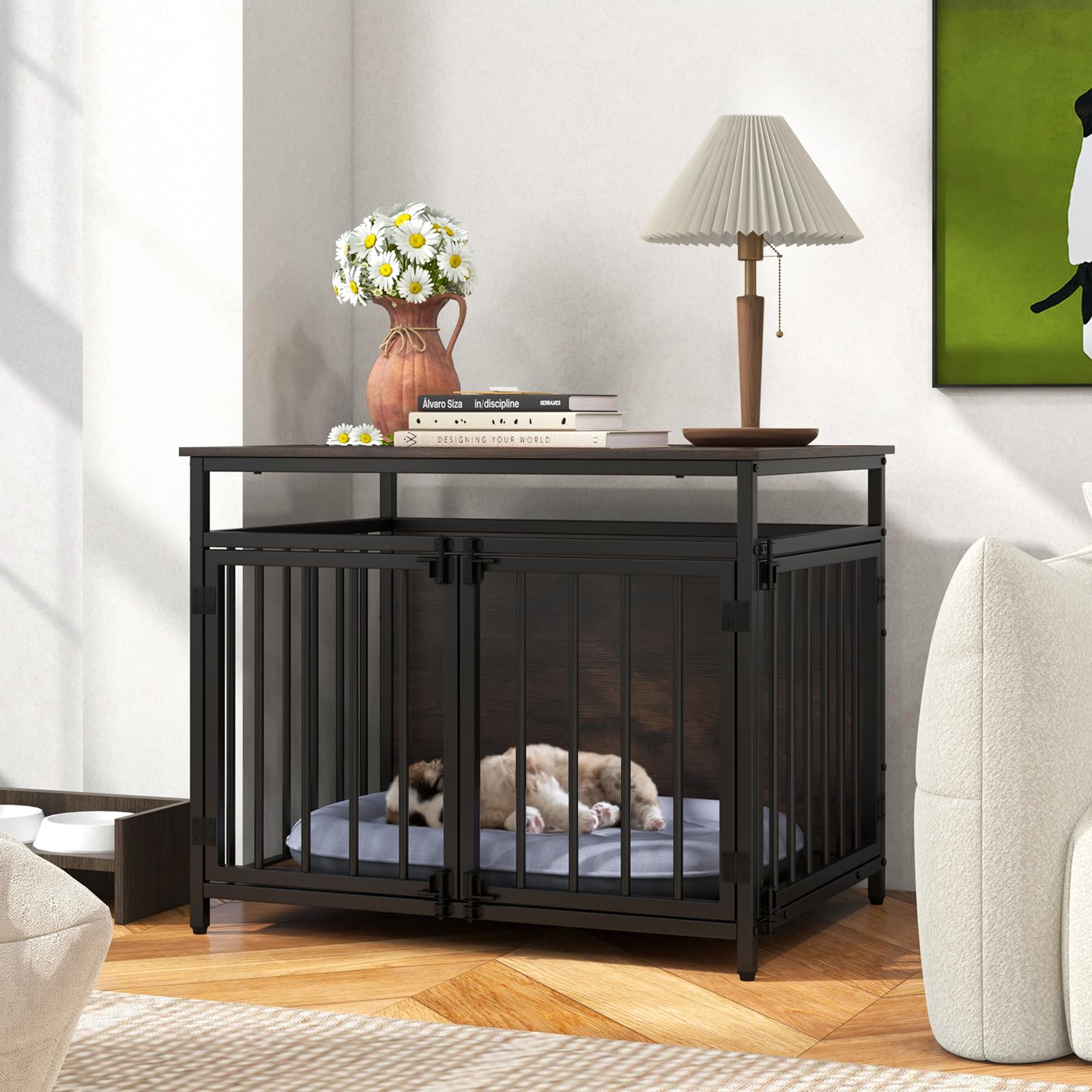 COSTWAY Hundekäfig Möbel, Hundebox für zuhause mit DREI Türen, Hundegitterbox Holz Indoor für kleine & mittelgroße Hunde, Beistelltisch aus Holz & Metall, 80 x 60 x 64 cm