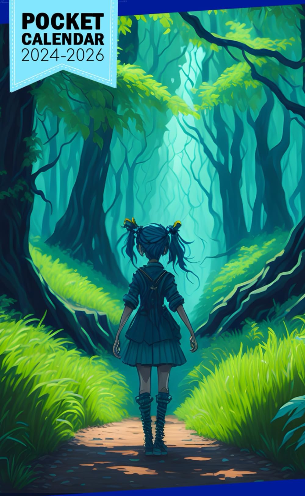 Pocket Calendar 2024 - 2026 With Moon Phase: Three-Year Monthly Planner for Purse , 36 Months from January 2024 to December 2026 | Blue-haired girl in forest | Digital art | Eric Deschamps style