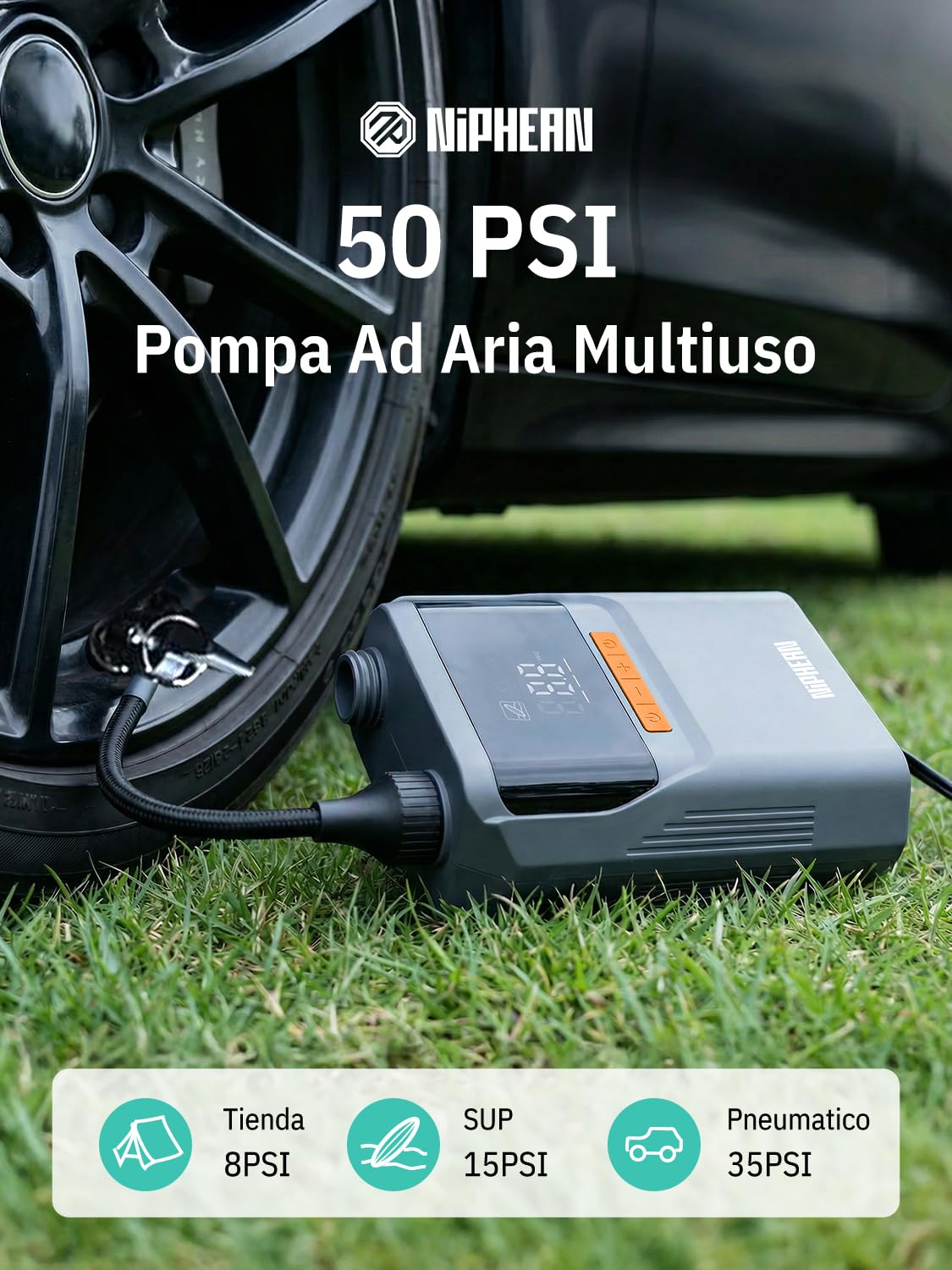 Niphean Pompa Elettrica SUP con Batteria Integrata, Pompa per Bici 50 PSI per Auto, SUP, Materassini, Gonfiatore Portatile con Borsa, Gonfiatore Elettrico per Inflabili&Sgonfiaggio, NPEU-Air Pump-A01