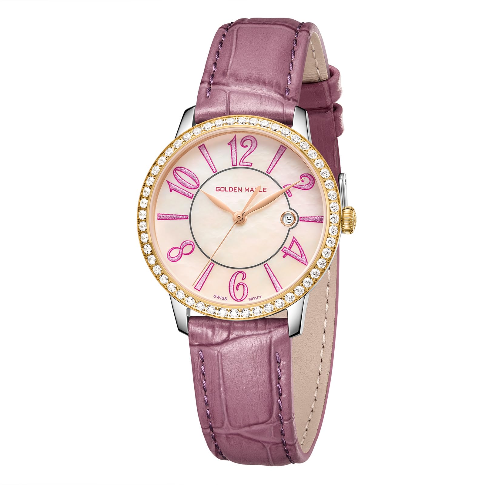 GOLDEN MAPLE Relojes delicados para mujer, esfera de nácar y movimiento de cuarzo suizo, reloj de mujer con correa de cuero