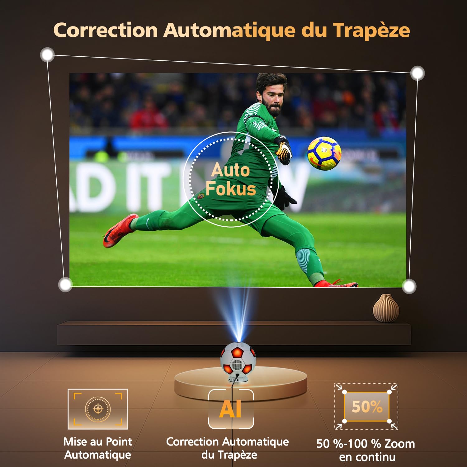 Vidéoprojecteur 4K【Design Original de Football/1000 ANSI/Apps intégrée/Auto Focus】 Projecteur Vidéo VGKE 4K FHD 1080p, Rétroprojecteur Portable WiFi 6, Bluetooth 5.4, Home Cinéma, Extérieur