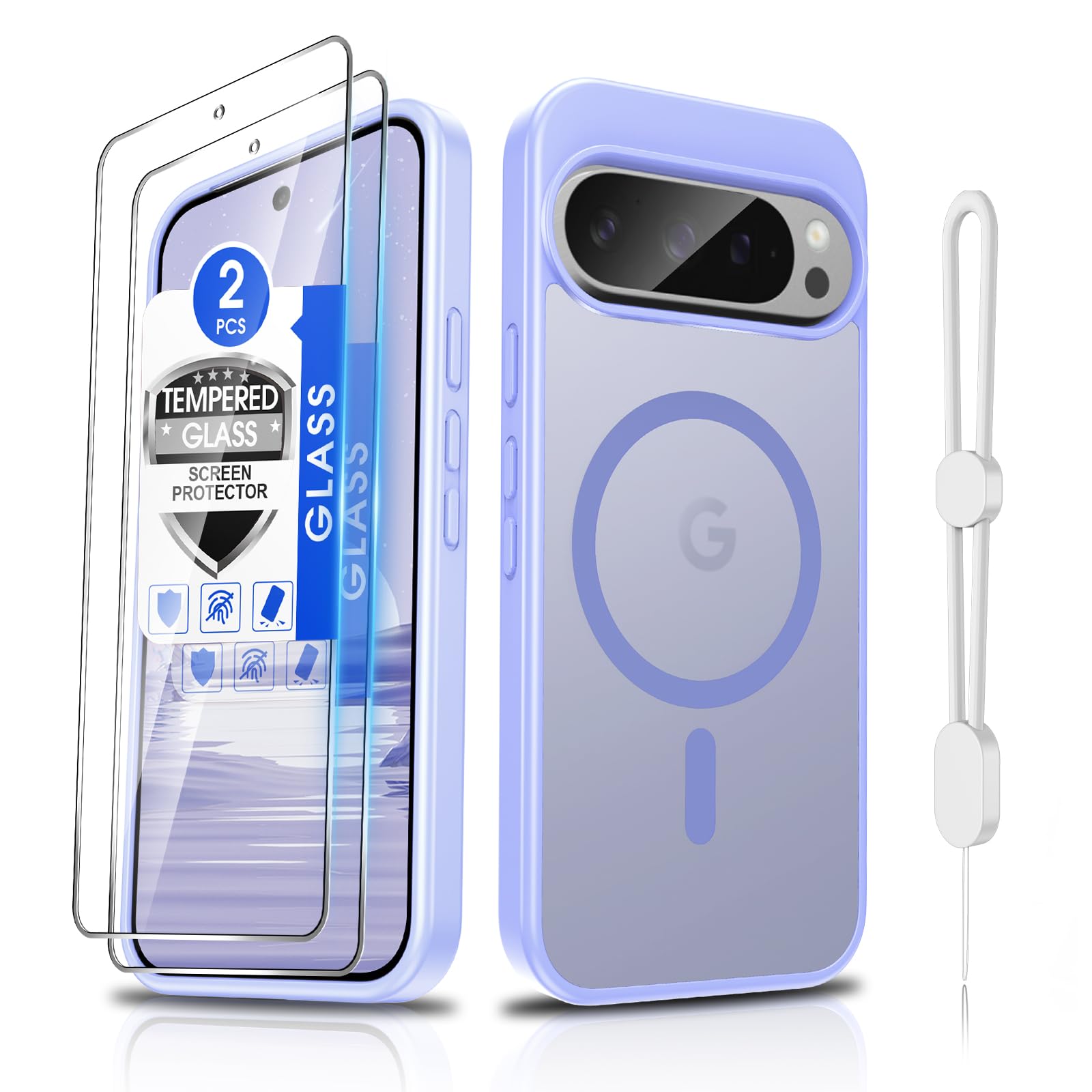 Dizn Magnetic for Google Pixel 9 Pro XL Case:[Not Fit Pixel 9/9 Pro],Tempered Glass Screen Protector,Strap,Compatible with MagSafe,Military Matte Cover Protective for Pixel 9Pro XL,Light Purple