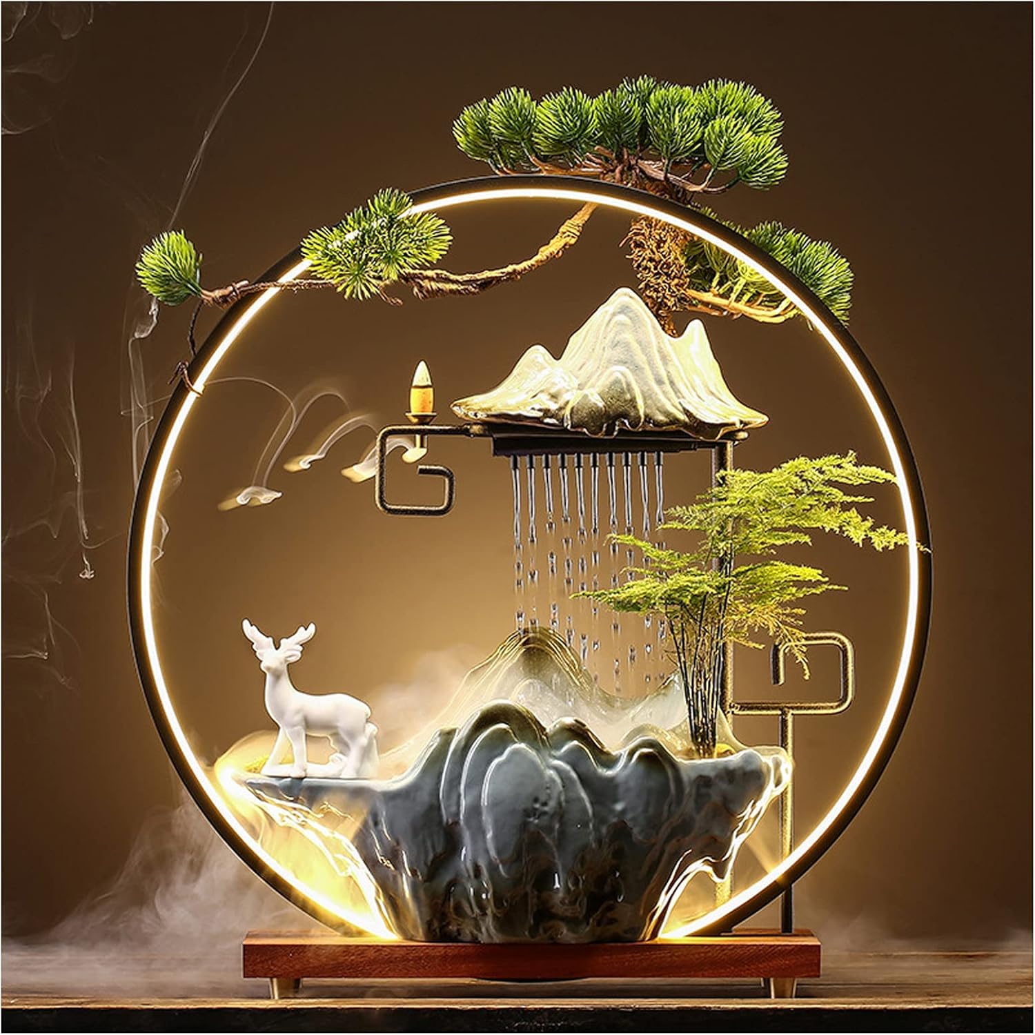 Fontaine à eau zen d'intérieur avec lumière LED et brume pour la méditation, décoration Feng Shui avec fausses plantes pour la détente à la maison