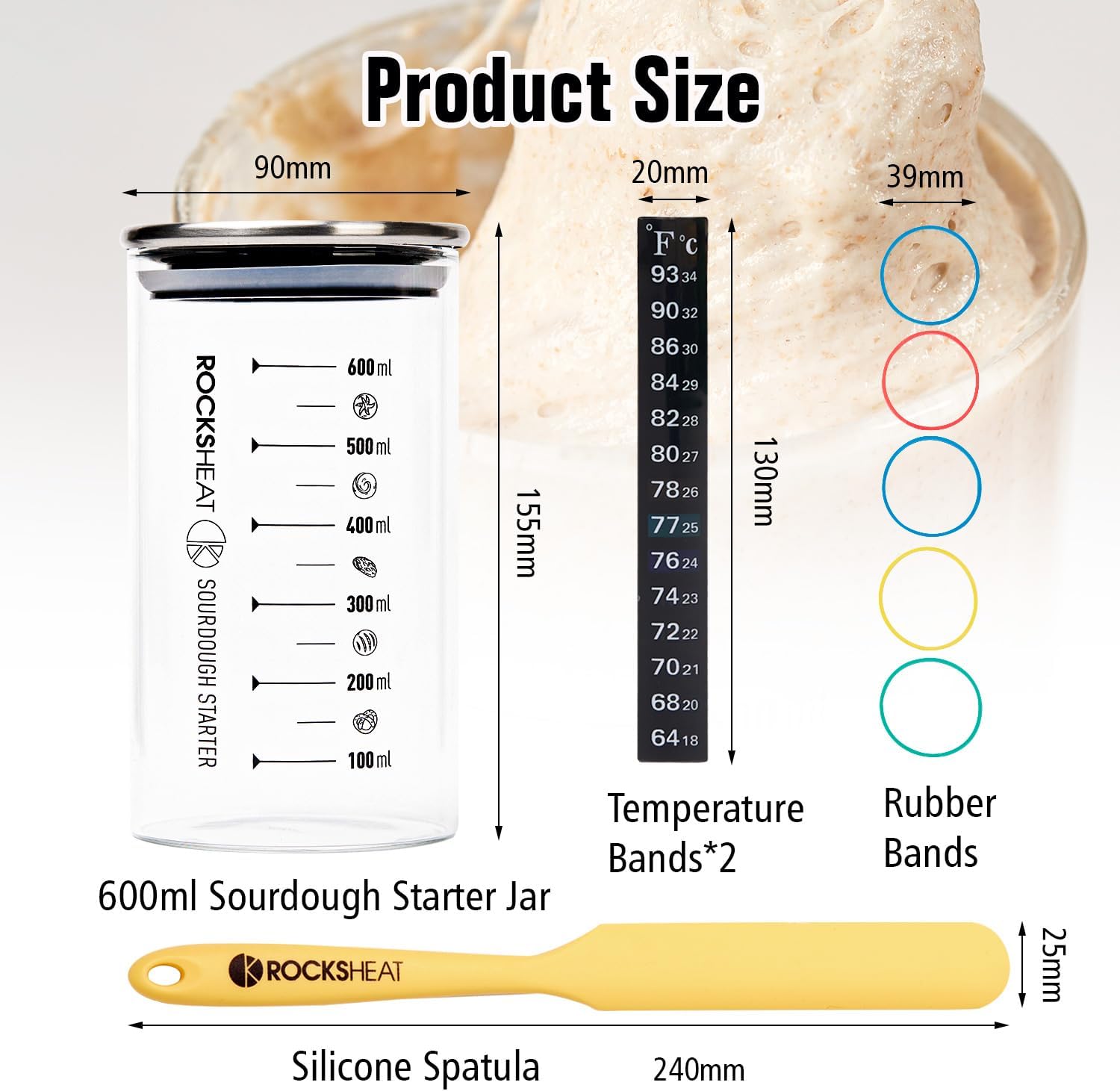 Sourdough Starter Jar Kit, 21 Oz/600 ml Sourdough Starter Kit with Thermometer, Silicone Spatula, Feeding Bands & Stainless Steel Lid, Wide Mouth Sourdough Jar for Bread Baking Supplies
