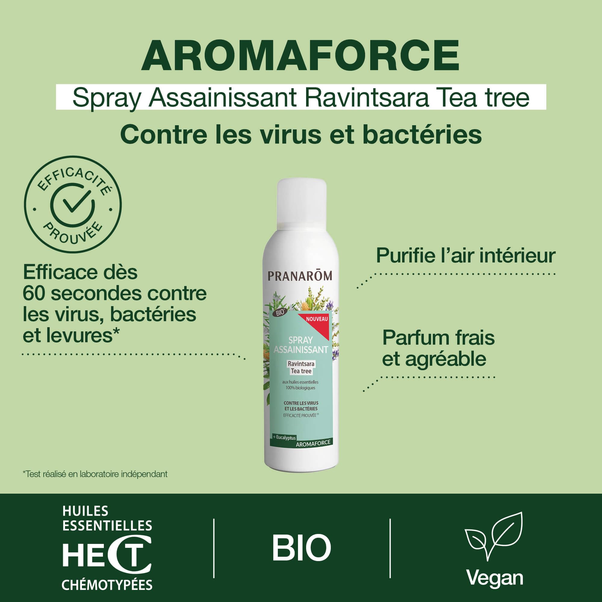PRANARÔM - Aromaforce - Spray Assainissant Aux Huiles Essentielles Bio - Ravintsara Et Tea Tree - Assainit Et Purifie L'Air - 150 ml