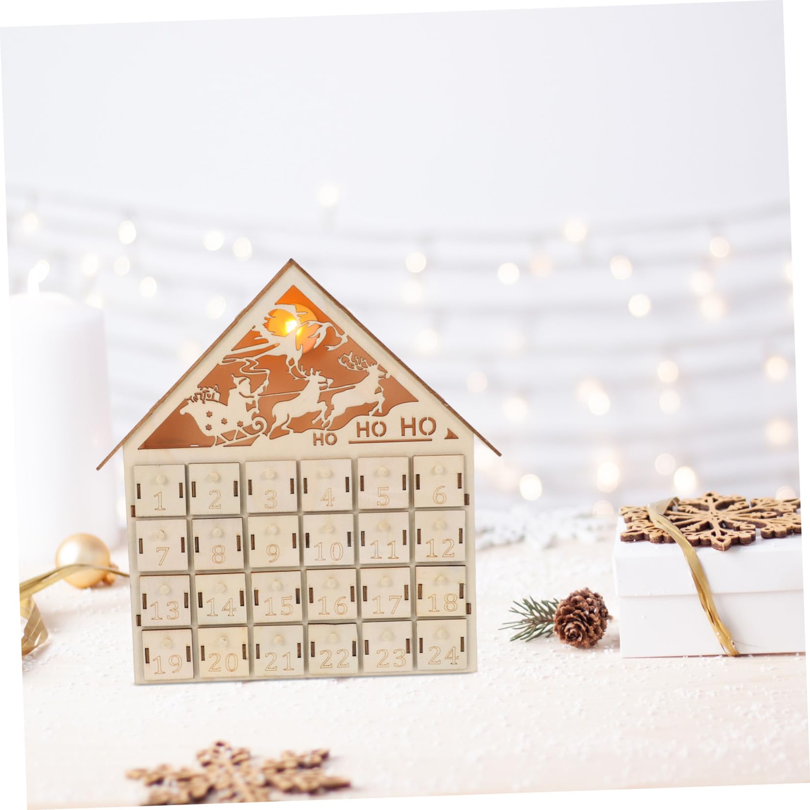 Calendario de Adviento de Madera Días Iluminado con LED Casa Navideña Rústica Reutilizable para Decoración de Mesa Navidad Calendario de Regresiva Navideña para Familia