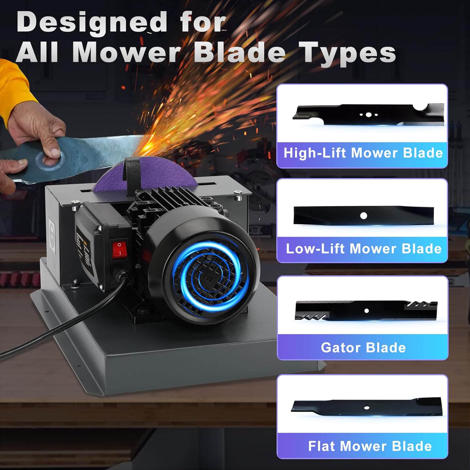 Lawn Mower Blade Sharpener, 2/3HP 500W Mower Blade Bench Grinder with 7 Inch Ceramic Grinding Wheel and 1 Pair 60 Grit Ceramic Sandpaper & 40° Bracket for Various Lawn Mower Blades